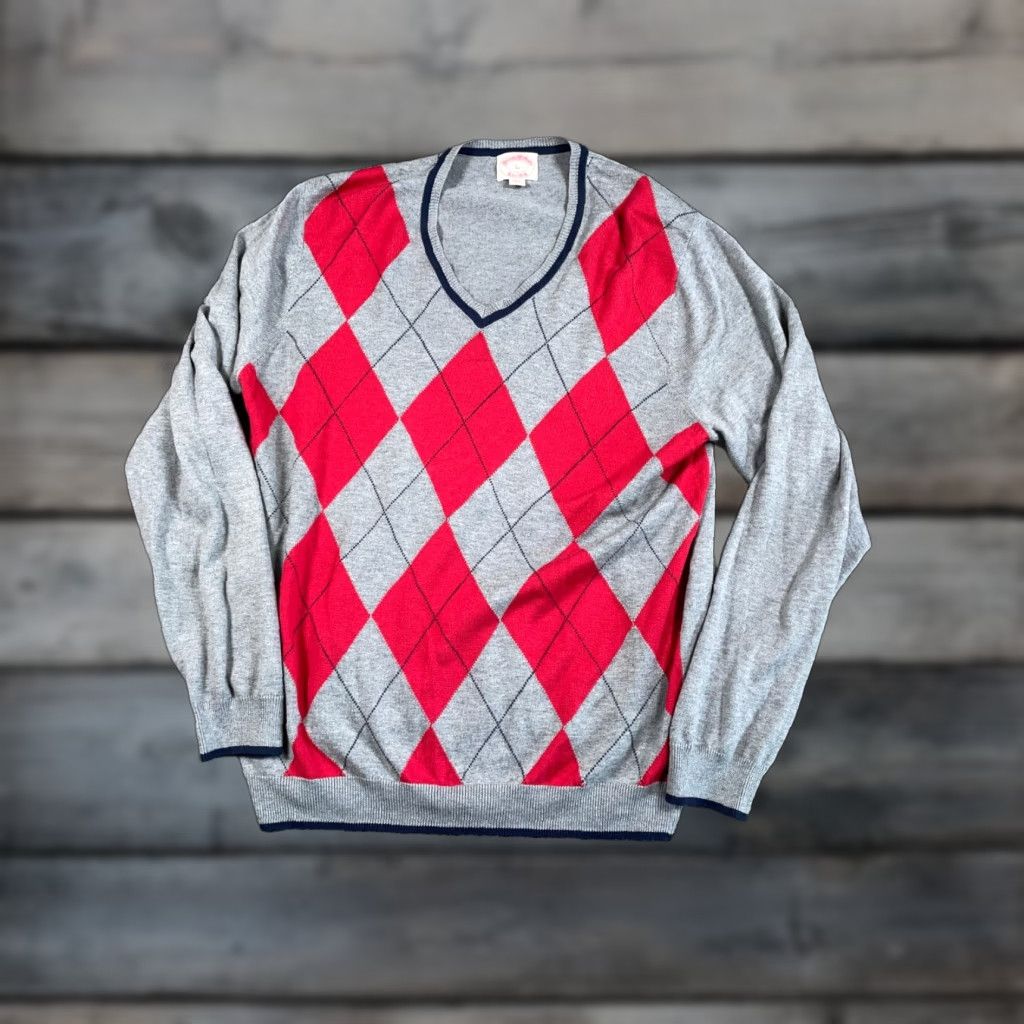 Brooks Brothers Brooks Brothers Sweater Argyle Diamond Pattern V-Neck Adult Large Gray Red Cotton Wool Pullover Knit Casual Classic Preppy Retro Mens Size US L / EU 52-54 / 3 - 1 Thumbnail