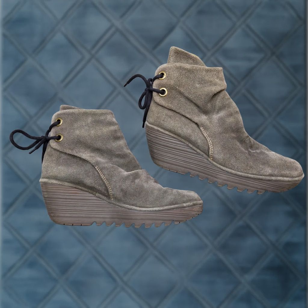 Fly London FLY London Boots Womens 8 Gray Suede Ankle Wedge Lace Up Yama Booties Size US 8 / IT 38 - 1 Thumbnail