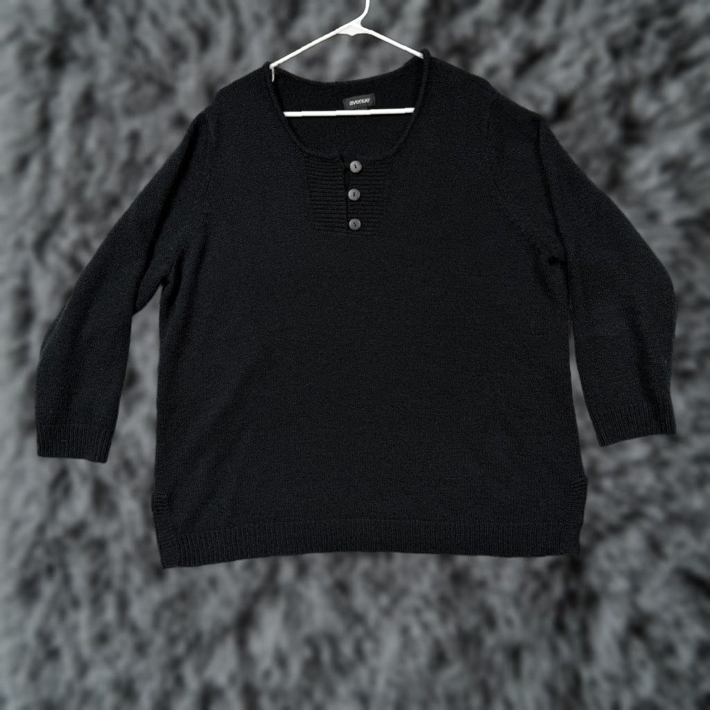 Avenue Avenue Sweater Plus 26/28 Black Henley Knit Gothic Dark Academia Coastal Womens Size 4XL / US 24-26 - 1 Thumbnail