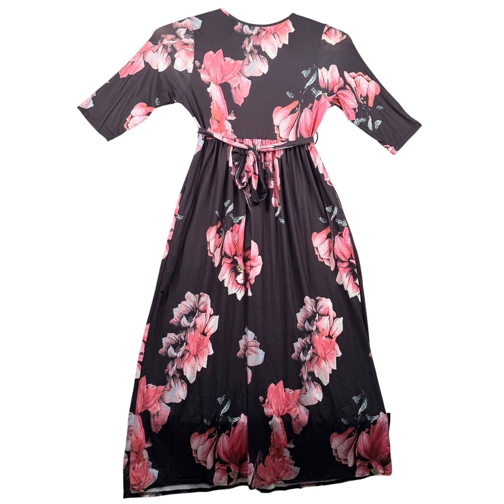 Vintage VINTAGE Pinup Fashion Maxi Dress Floral Wrap V-Neck 3/4 Sleeve NWT Black Pink 14W Womens Boho Church Party/Cocktail Wedding Guest Size XL / US 12-14 / IT 48-50 - 4 Thumbnail
