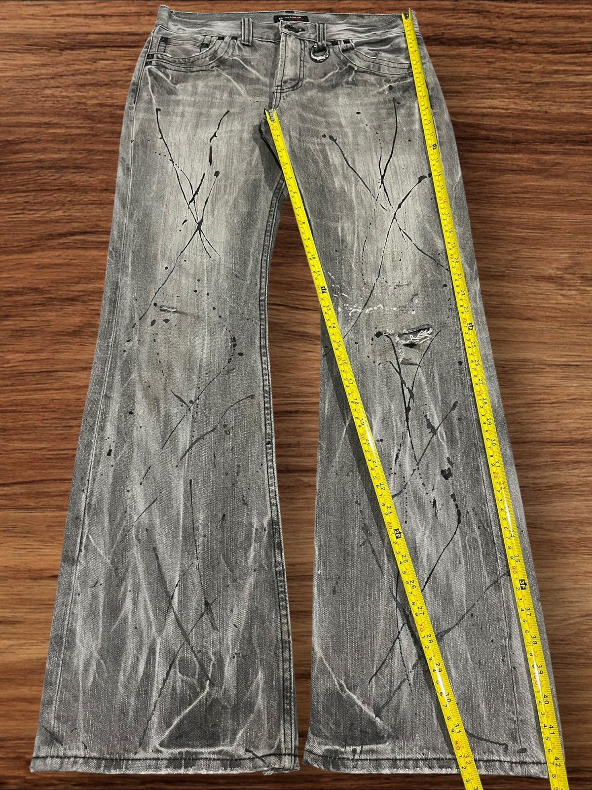14th Addiction × Japanese Brand × KMRii Sorridere Love and Skull Painted Distressed Flare Jeans Size US 33 - 12 Thumbnail