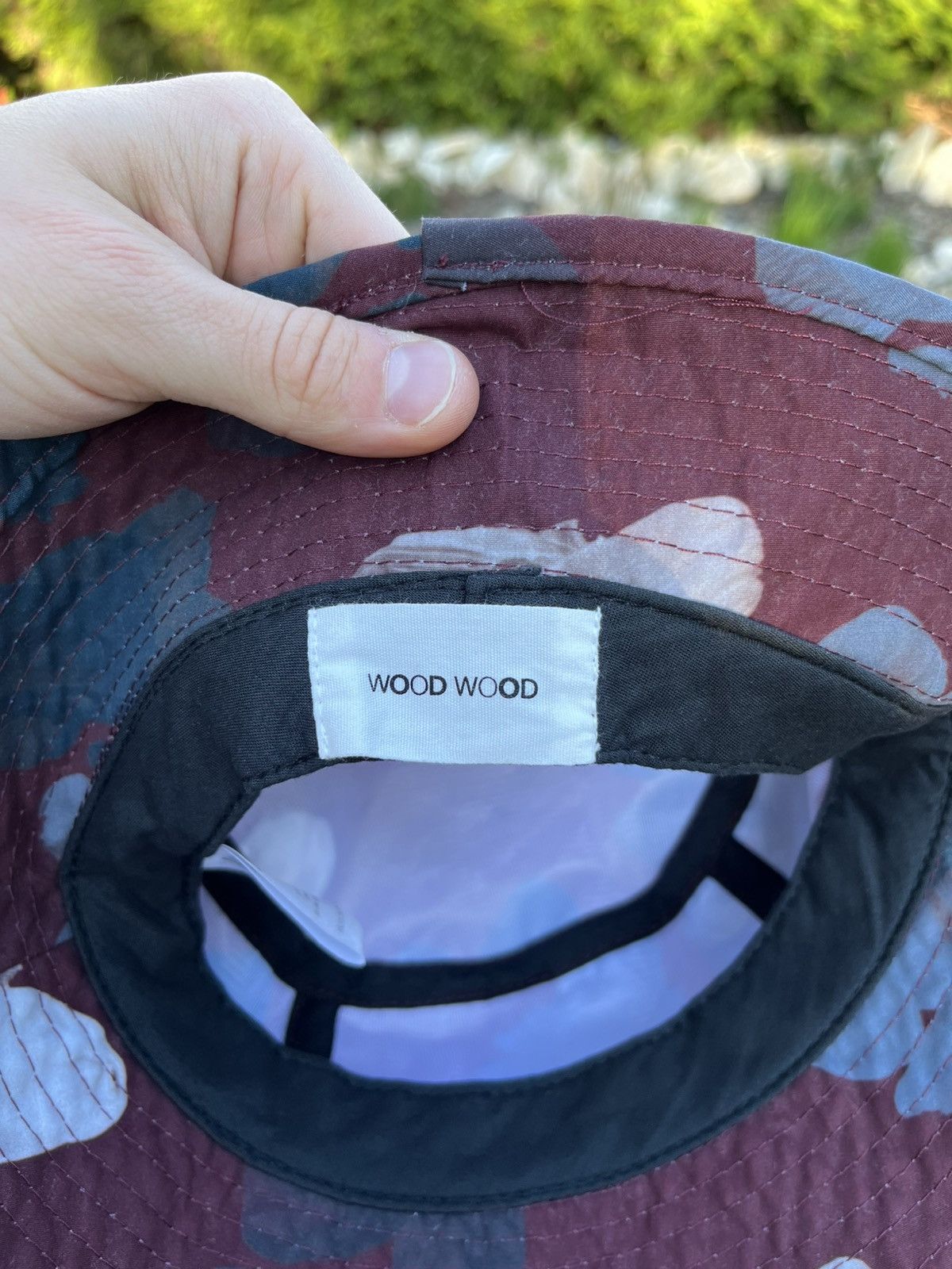Designer × Wood Wood Wood Wood patterned bucket hat camo burgundy grey black Size ONE SIZE - 12 Thumbnail