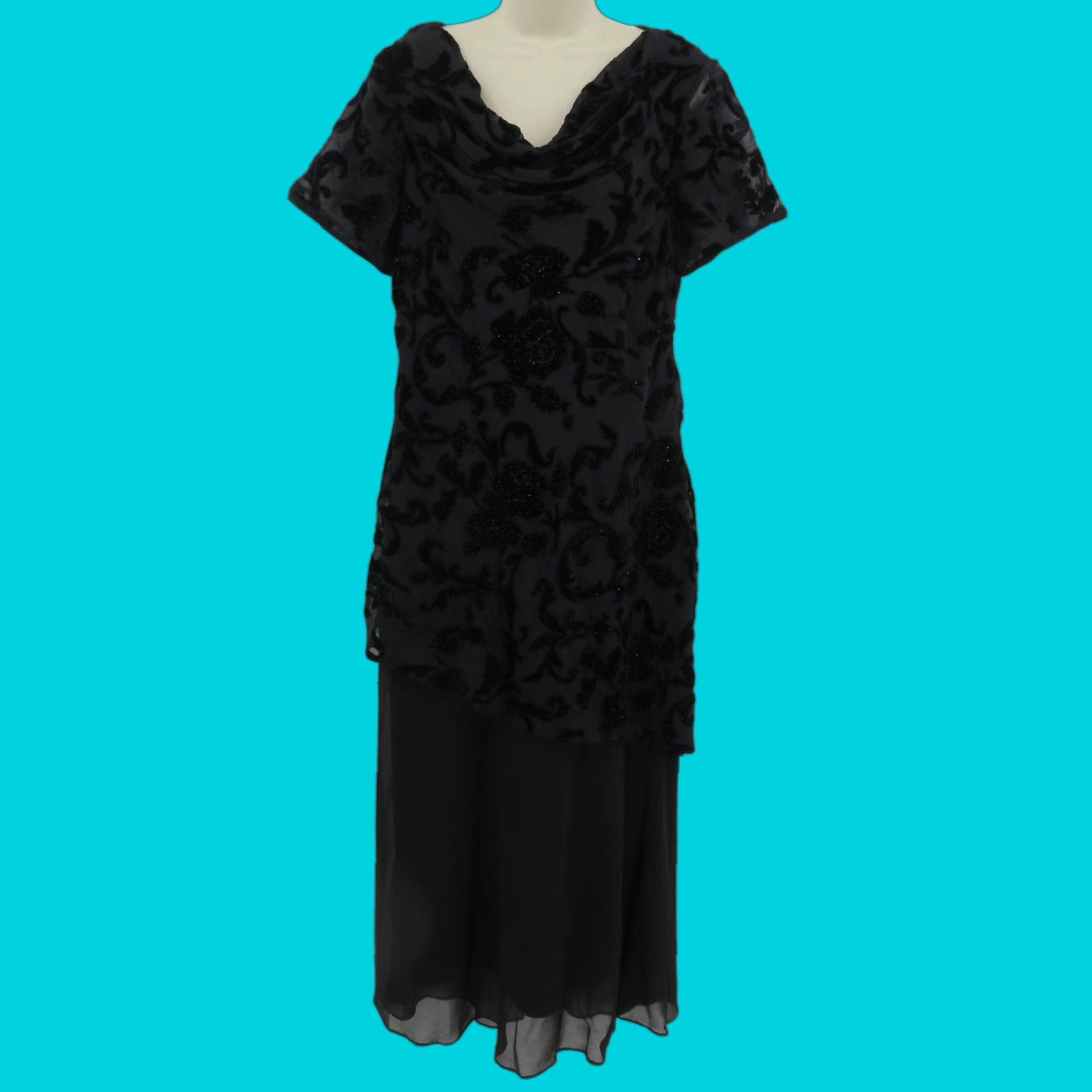 Velvet VINTAGE Eva Blue Women 16 Black Floral Beaded Velvet Short Sleeve Dress Y2K 2003 NEW Size 38" / US 16 / IT 52 - 1 Thumbnail