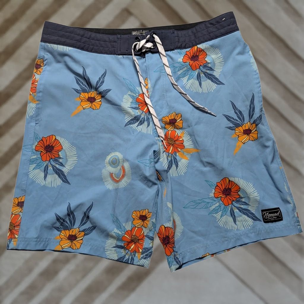 Nomad Nomad Surf Shop Mens Board Shorts Blue Floral Tropical Quick Dry Stretch 30 EUC Surfi ng Beach Trunks Size US 30 / EU 46 - 1 Thumbnail