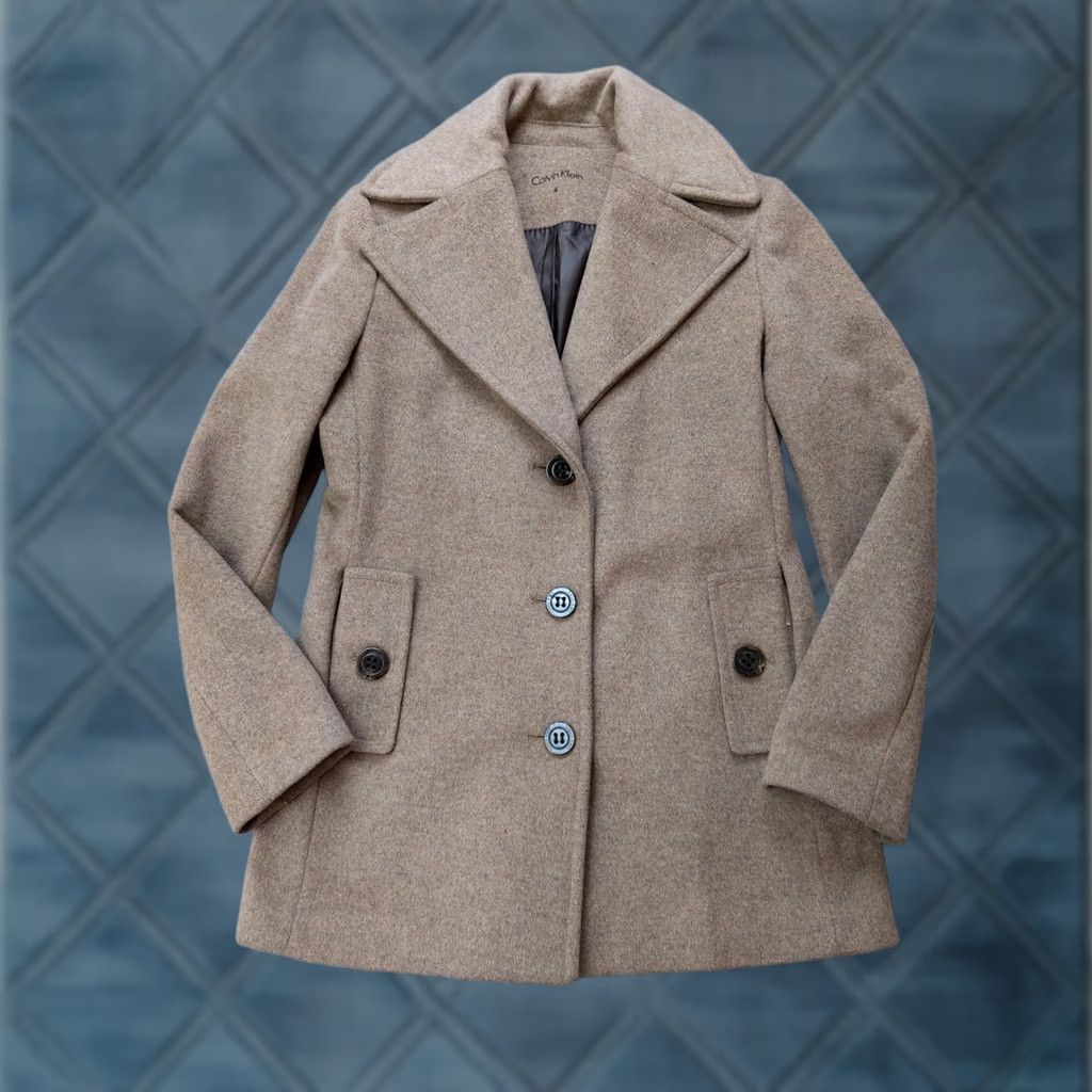 Calvin Klein Calvin Klein Coat Womens 4 Brown Wool Silk Blend Button Front Classic Jacket Pea Coat Lined Pockets Logo Button Front Size S / US 4 / IT 40 - 1 Thumbnail