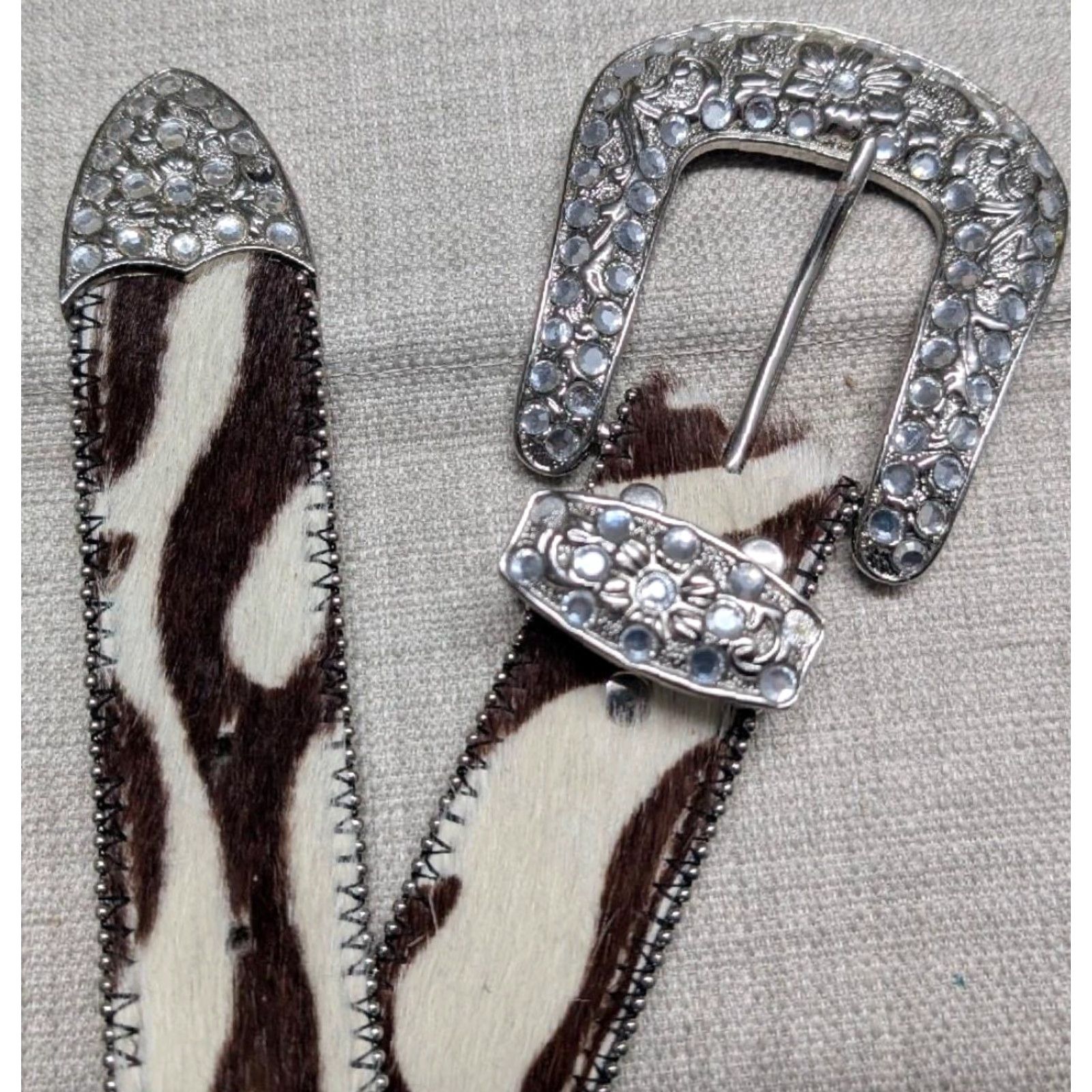 Vintage VINTAGE western belt cowhair leather rhinestone studs 38 brown MENS Western Belt Size 38 - 2 Thumbnail