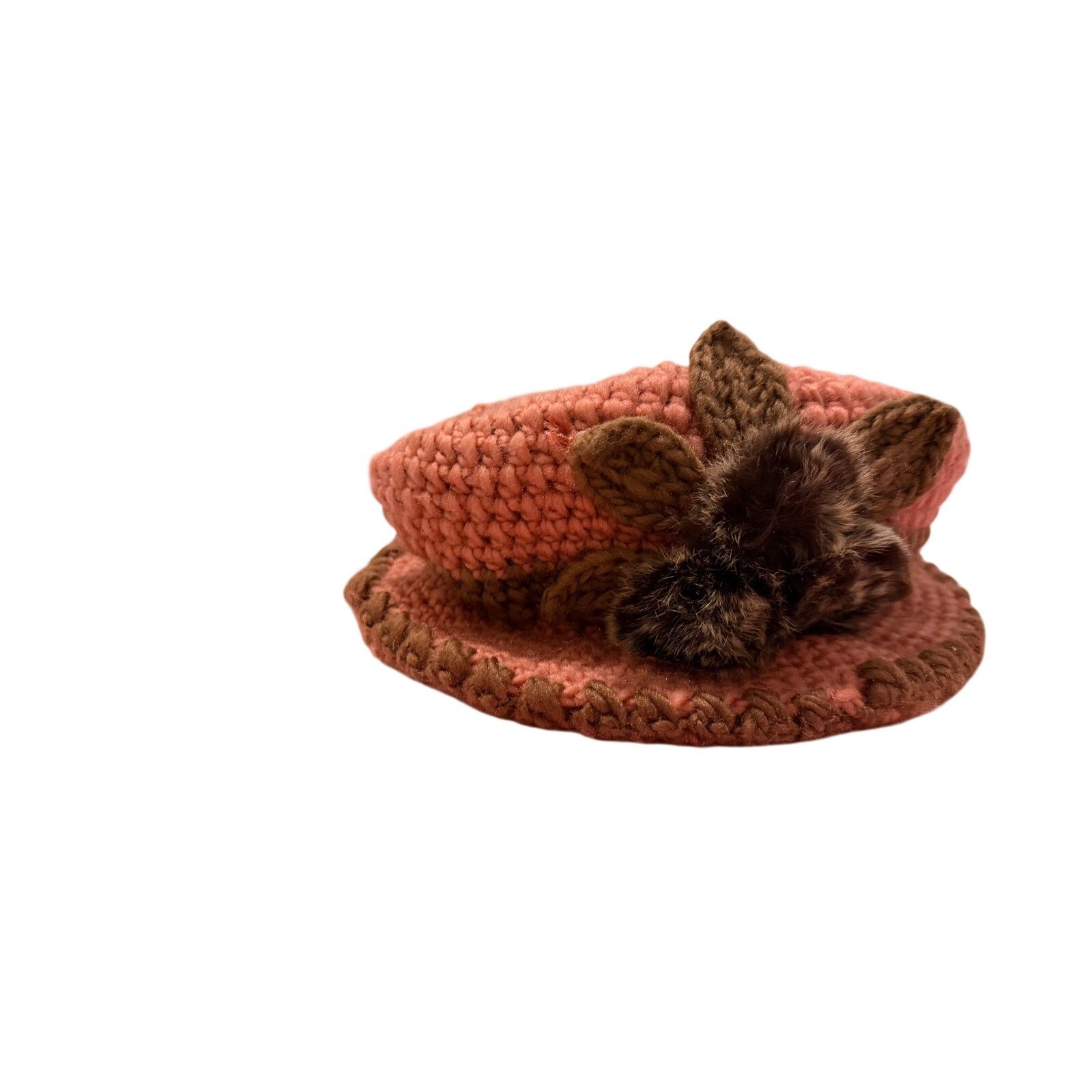 Other Women's Red Brown Floral Circle Faux Fur Crochet Hat Size ONE SIZE - 4 Thumbnail