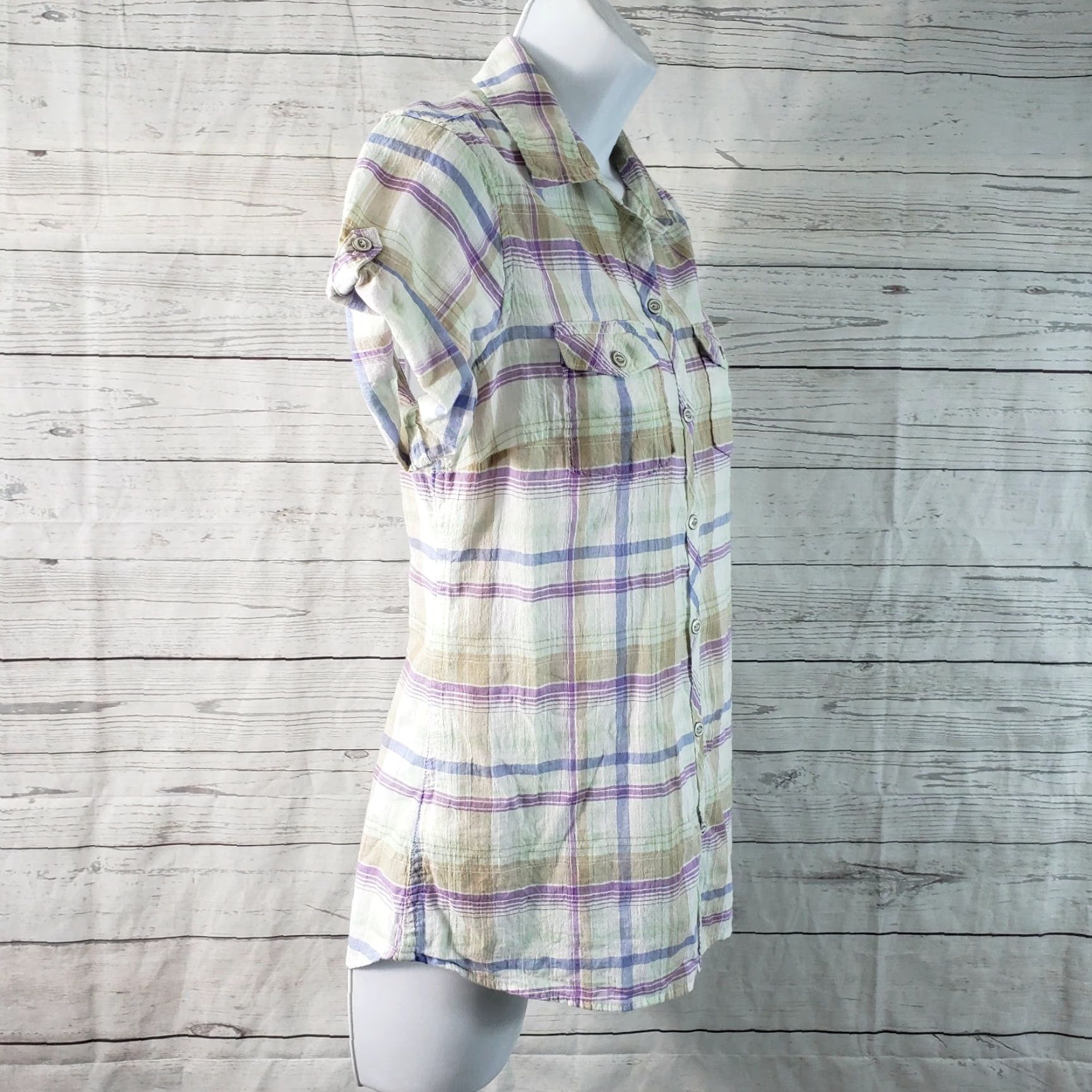 Eddie Bauer Eddie Bauer Button Front Shirt XS Womens Plaid Cotton Blend Green Purple Shaped Fit Short Sleeve Collared Button-Up Vintage No Size XS / US 0-2 / IT 36-38 - 3 Thumbnail