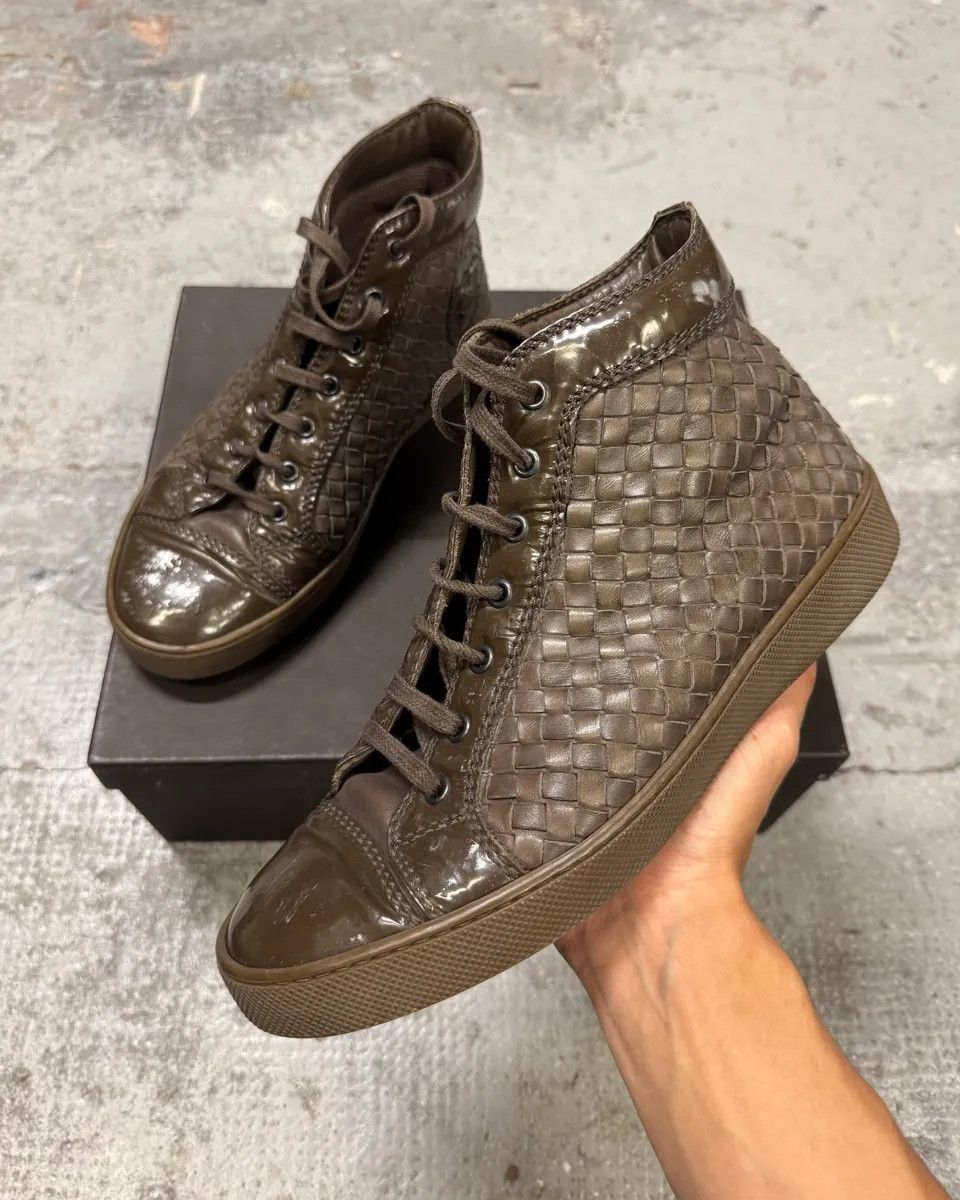 Bottega Veneta Bottega Veneta Intrecciato Woven Shiny Brown Leather High Top Sneakers Size US 7 / EU 40 - 1 Thumbnail