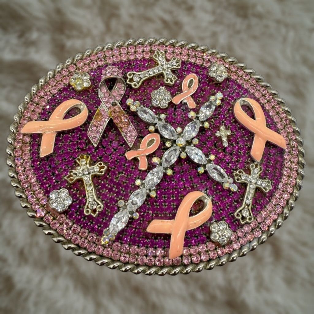 Vintage PARW Buckles Pink Rhinestone Cross Belt Buckle Breast Cancer Ribbon Women Belt Buckle XS Pink Rhinestone Cross Size ONE SIZE - 1 Thumbnail