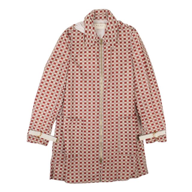 Image of Marni Beige& Red Nylon Zip Up Checked Jacket Size 4/40, Women's