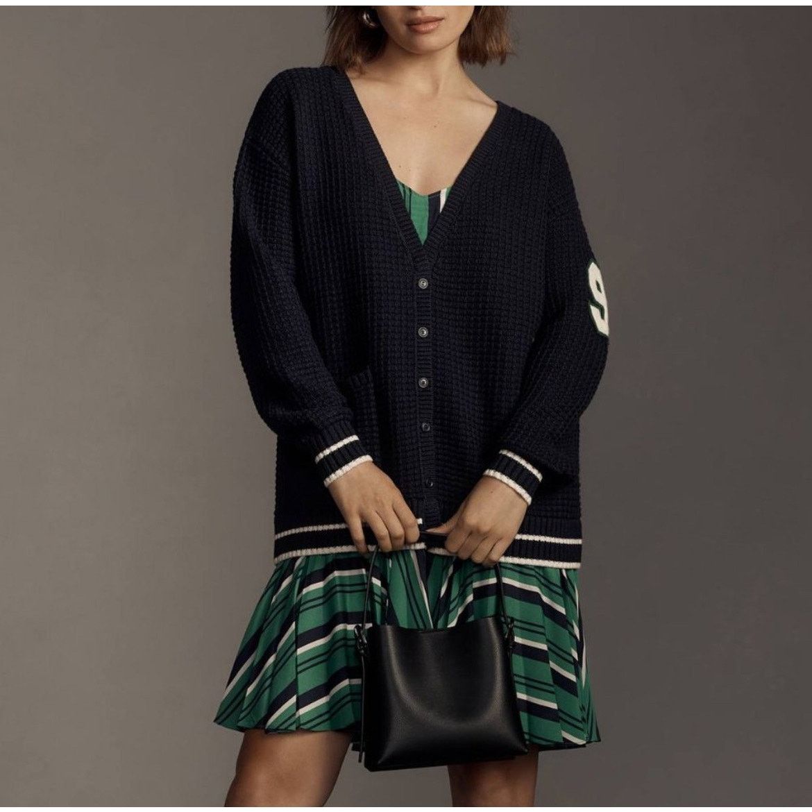 Anthropologie Anthropologie Navy Varsity Cardigan Sweater Layered Dress Size XS / US 0-2 / IT 36-38 - 1 Thumbnail