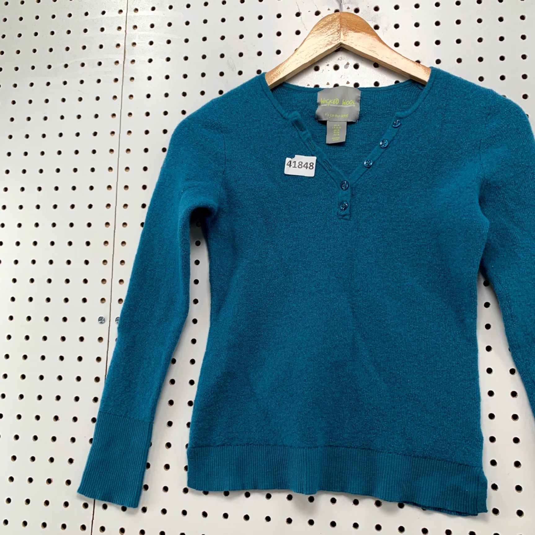 Vintage Wicked Wool Henley Top Shirt Womens Medium Teal Long Sleeve Wool Knit Size M / US 6-8 / IT 42-44 - 5 Thumbnail
