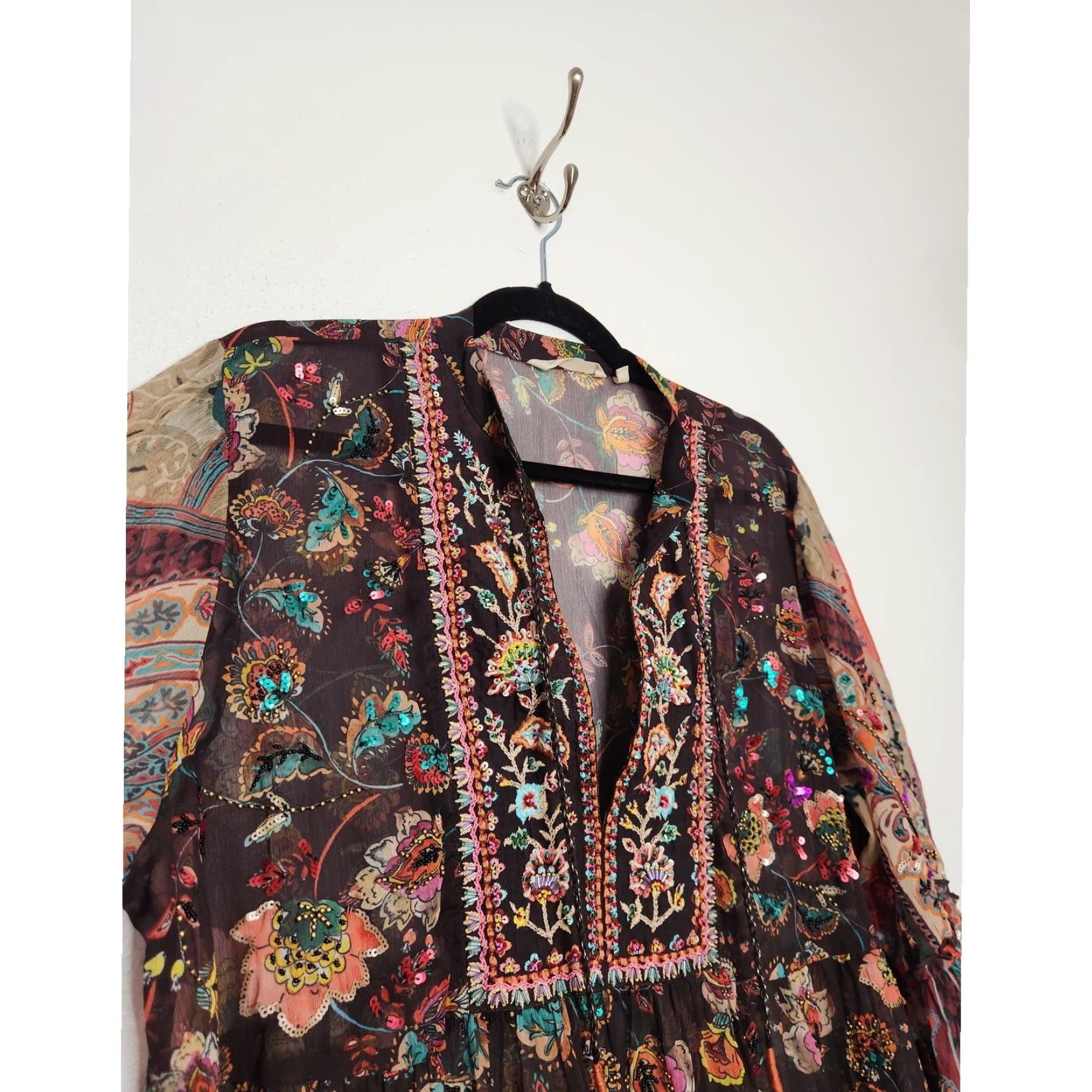 Soft Surroundings Soft Surroundings Shirt Women L Multicolor Boho Beaded Sequence Embroidered Sheer Oversized Flowy Blouse Size L / US 10 / IT 46 - 5 Thumbnail