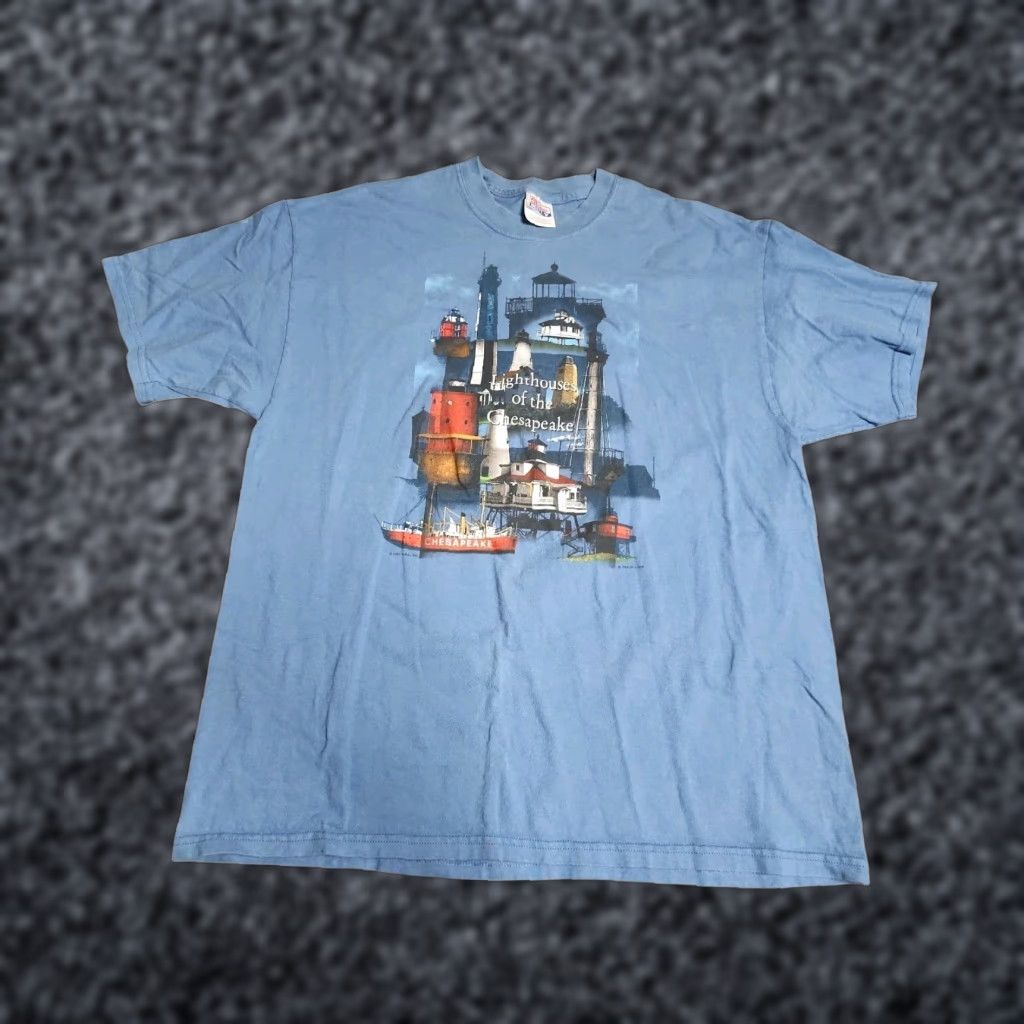 Hanes VINTAGE Men's XL Chesapeake Bay Lighthouses Travel T-Shirt Blue 90s Maryland Outdoors Size US XL / EU 56 / 4 - 1 Thumbnail