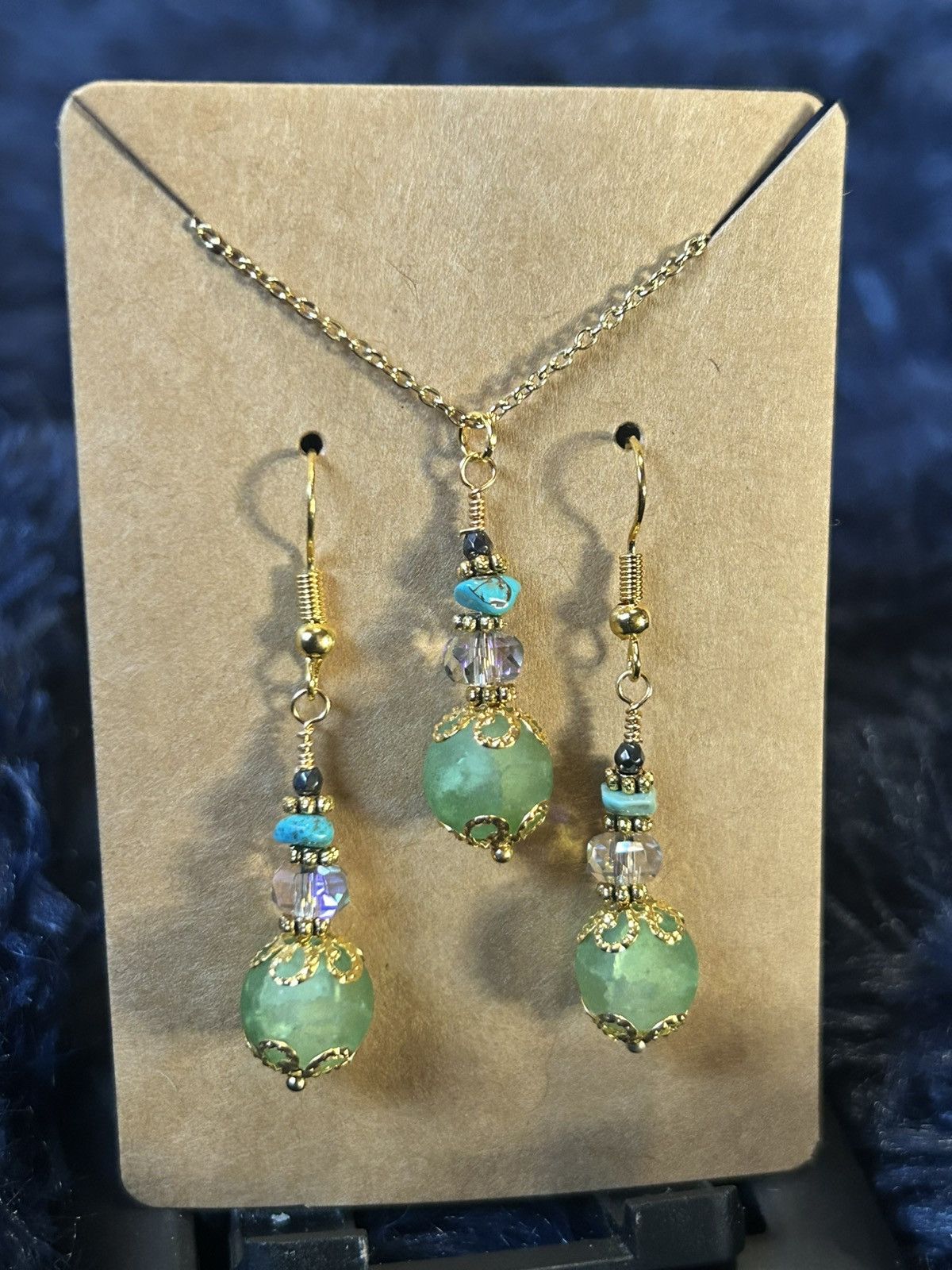 Handmade Handcrafted green crackle glass crystal turquoise chip set Size ONE SIZE - 2 Thumbnail