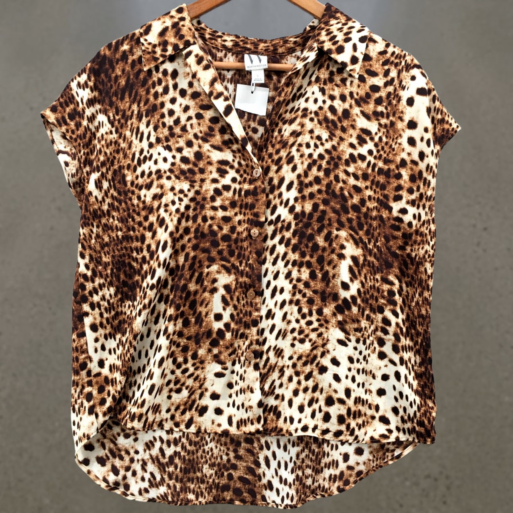 Joe Browns Worthington Button Up Shirt Womens Small Brown Short Cap Sleeve Animal Print NEW Size S / US 4 / IT 40 - 1 Thumbnail