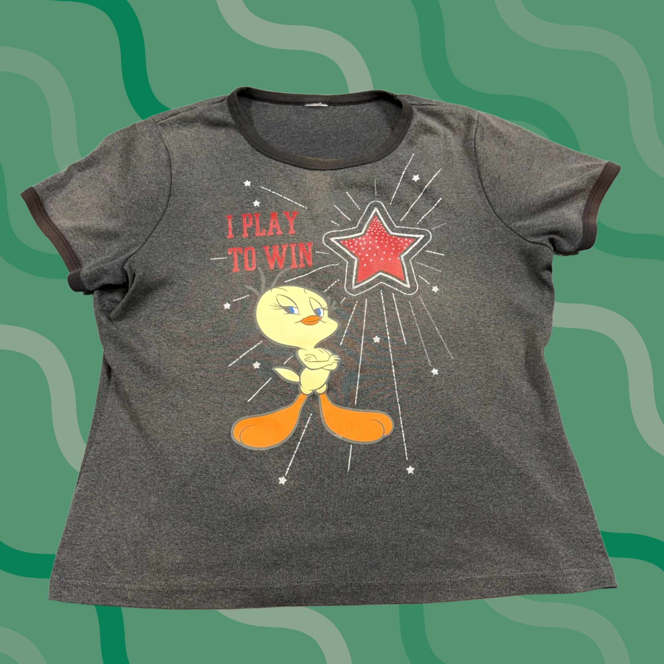 Vintage Tweety Bird Shirt Womens Large Gray Ringer I Play To Win Graphic T-Shirt Tee Size L / US 10 / IT 46 - 1 Thumbnail