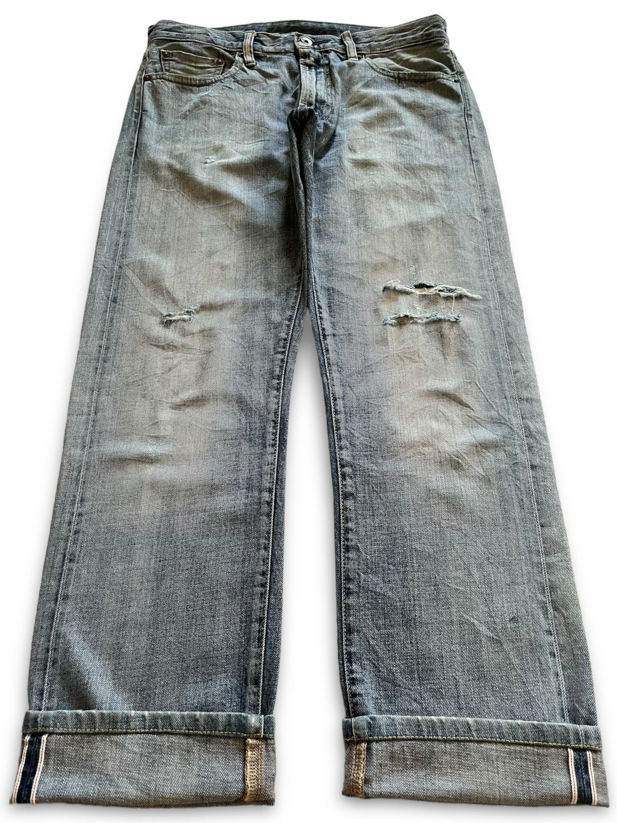 image of Jun Takahashi x Uniqlo Vintage Uniqlo Selvedge Ripped Distressed Loose Jeans 33X31 in Blue, Men's