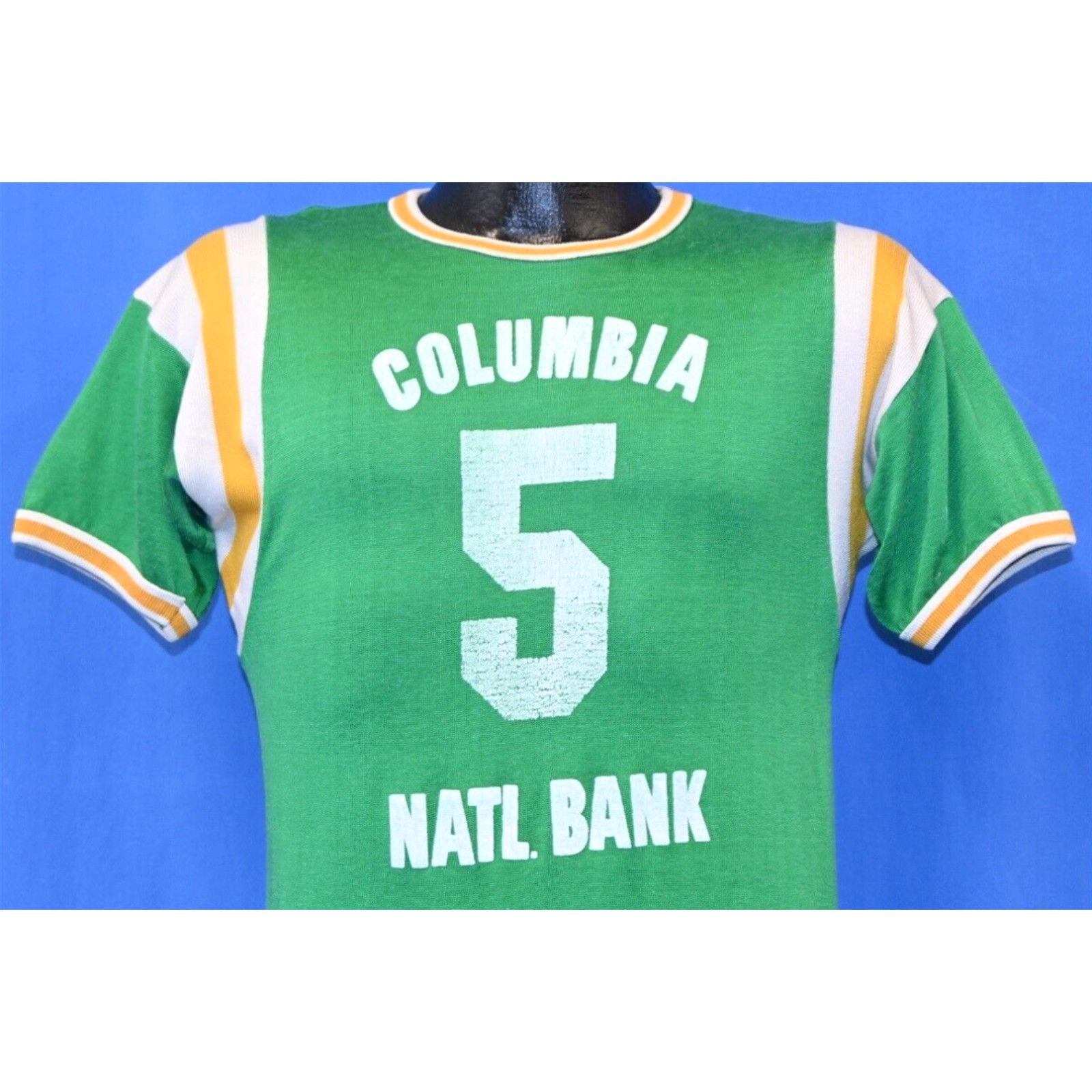 Image of Vintage 60S Columbia National Bank Green Yellow Ringer 5 Jersey T-Shirt Small S in White, Men's