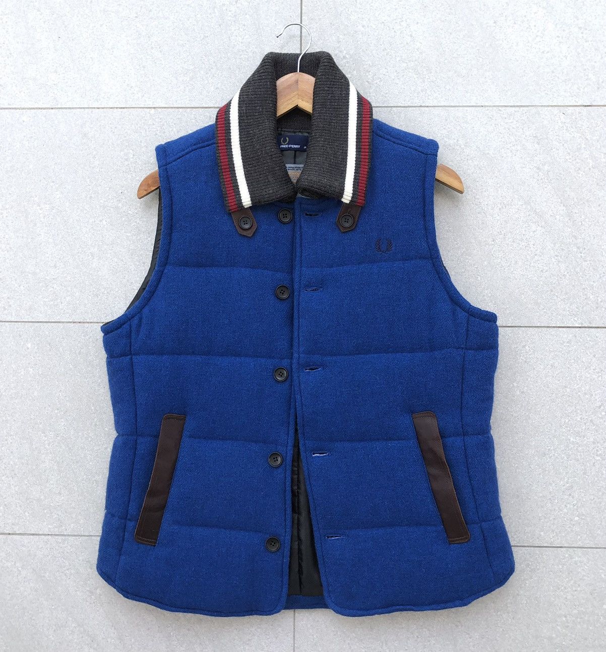 Fred Perry FRED PERRY Thermore Wool and Leather Blue Tweed Padded Vest Size US L / EU 52-54 / 3 - 5 Thumbnail