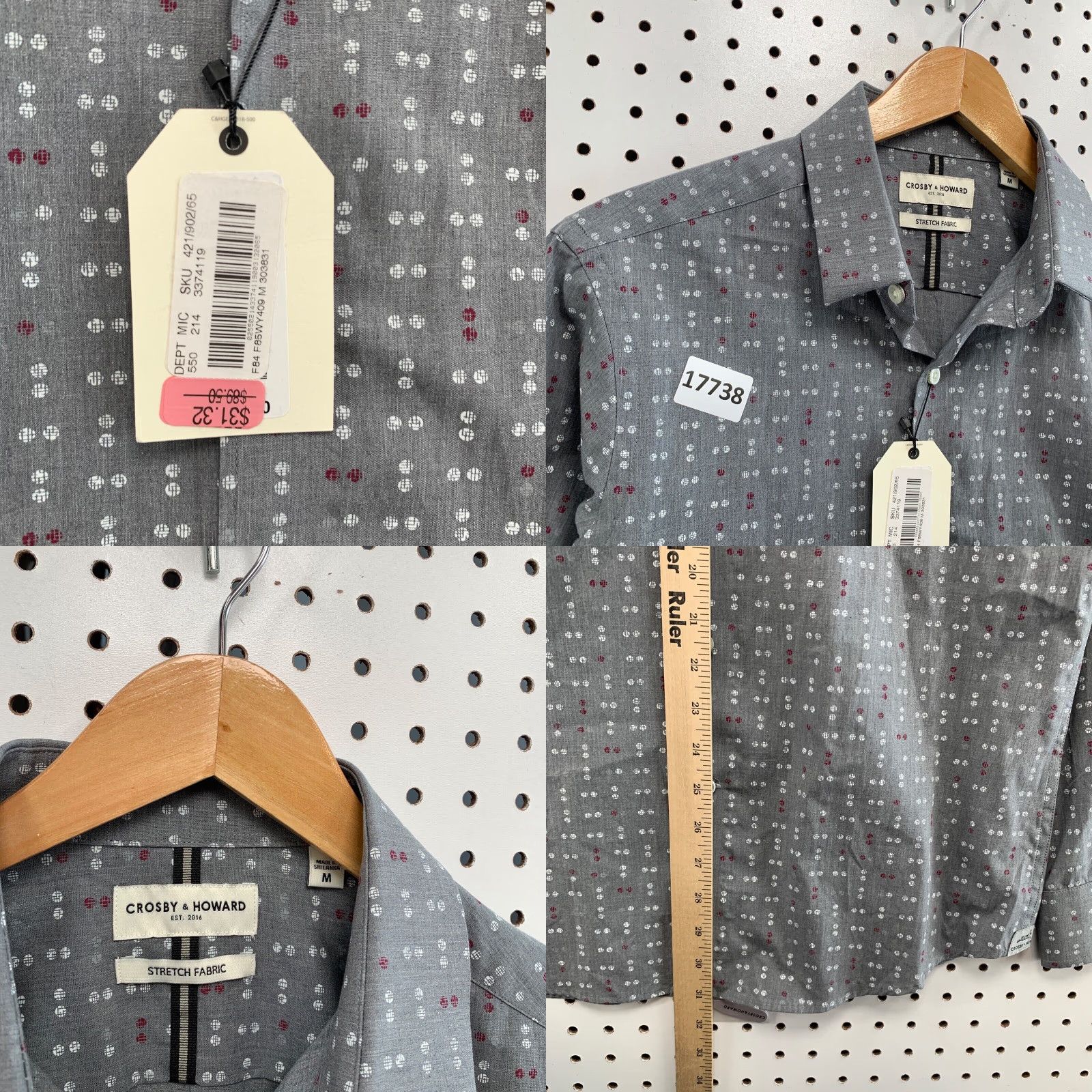 Vintage Crosby & Howard Button-Up Shirt Mens Medium Gray Stretch Polka Dot Adult M Men Size US M / EU 48-50 / 2 - 8 Thumbnail