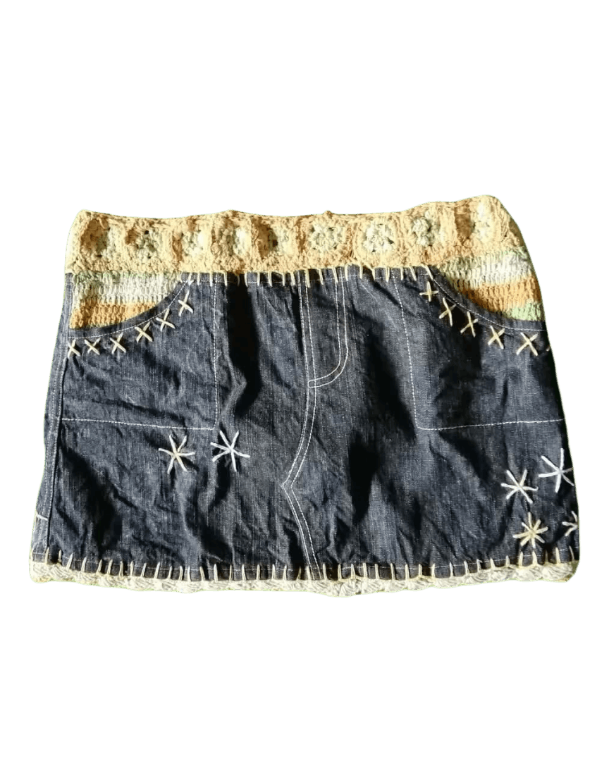 Vintage Hammock Denim Mini Skirt Insane Y2K Handmade Crochet Nepal Size 29" - 1 Thumbnail