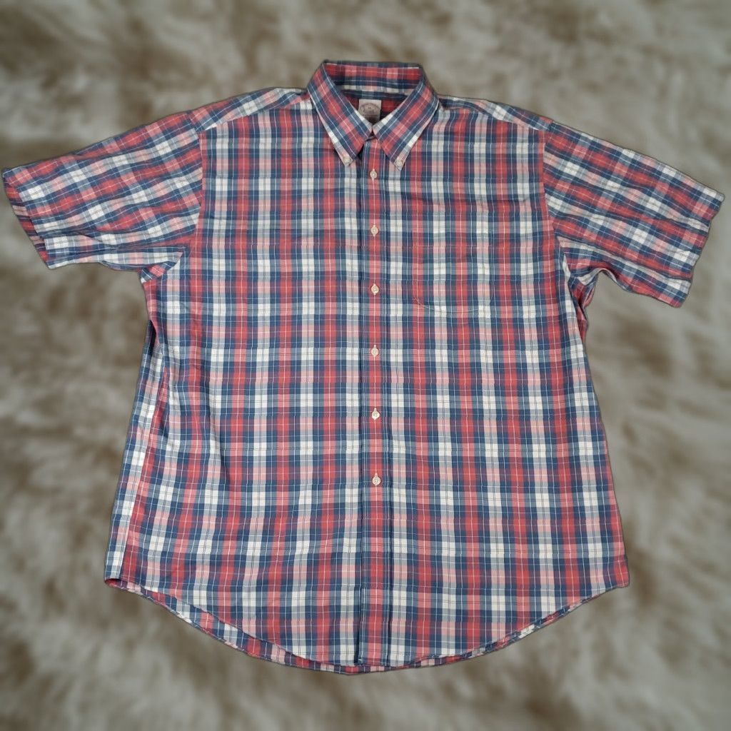 Brooks Brothers Brooks Brothers Shirt Mens XL Blue Pink Plaid Button-Up Short Sleeve | Button-Down Collared Cotton Knit? Size US XL / EU 56 / 4 - 1 Thumbnail