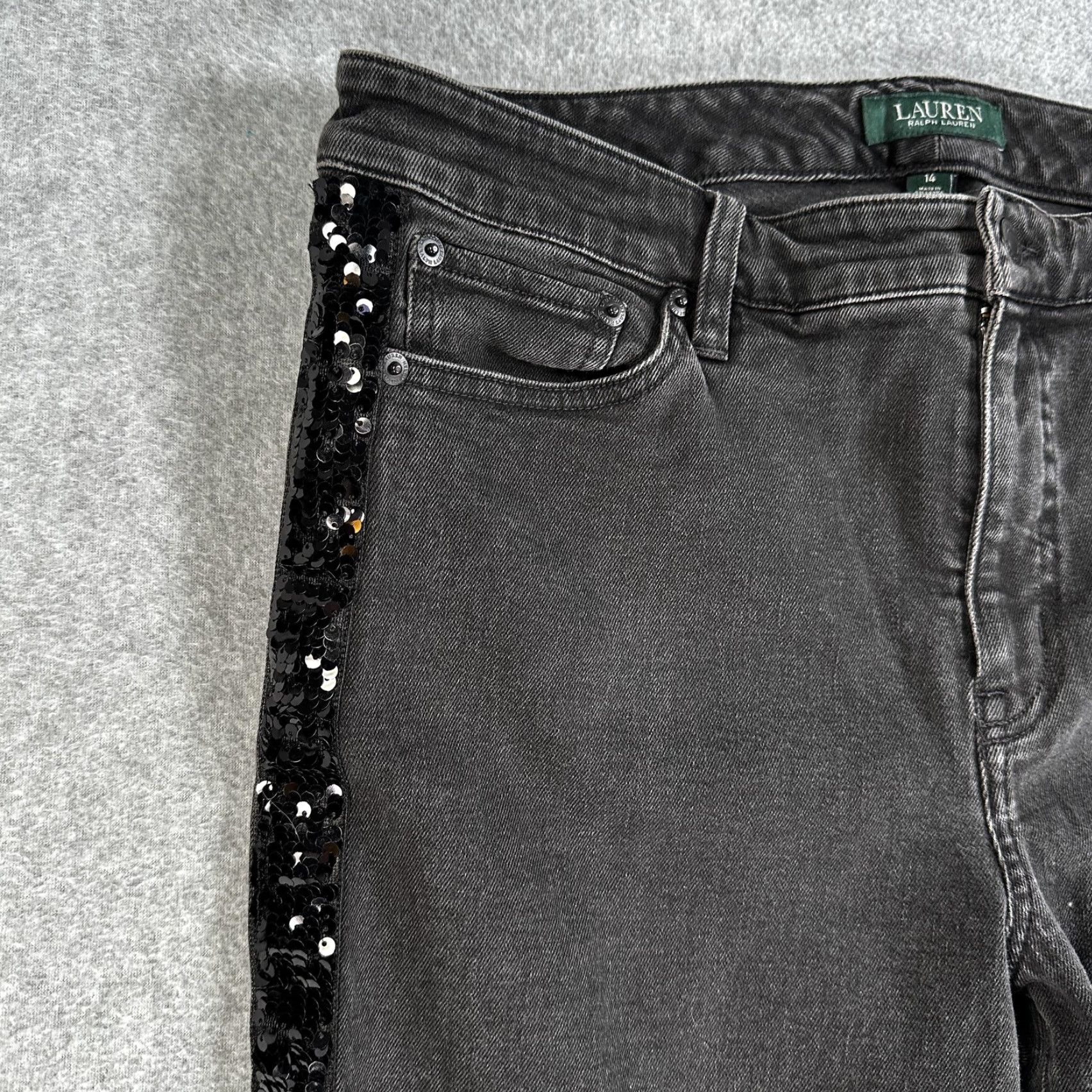 Ralph Lauren Lauren Ralph Lauren Jeans Womens 14 Charcoal Gray Sequin Side Stripe Straight Leg Denim Size 36" / US 14 / IT 50 - 6 Thumbnail