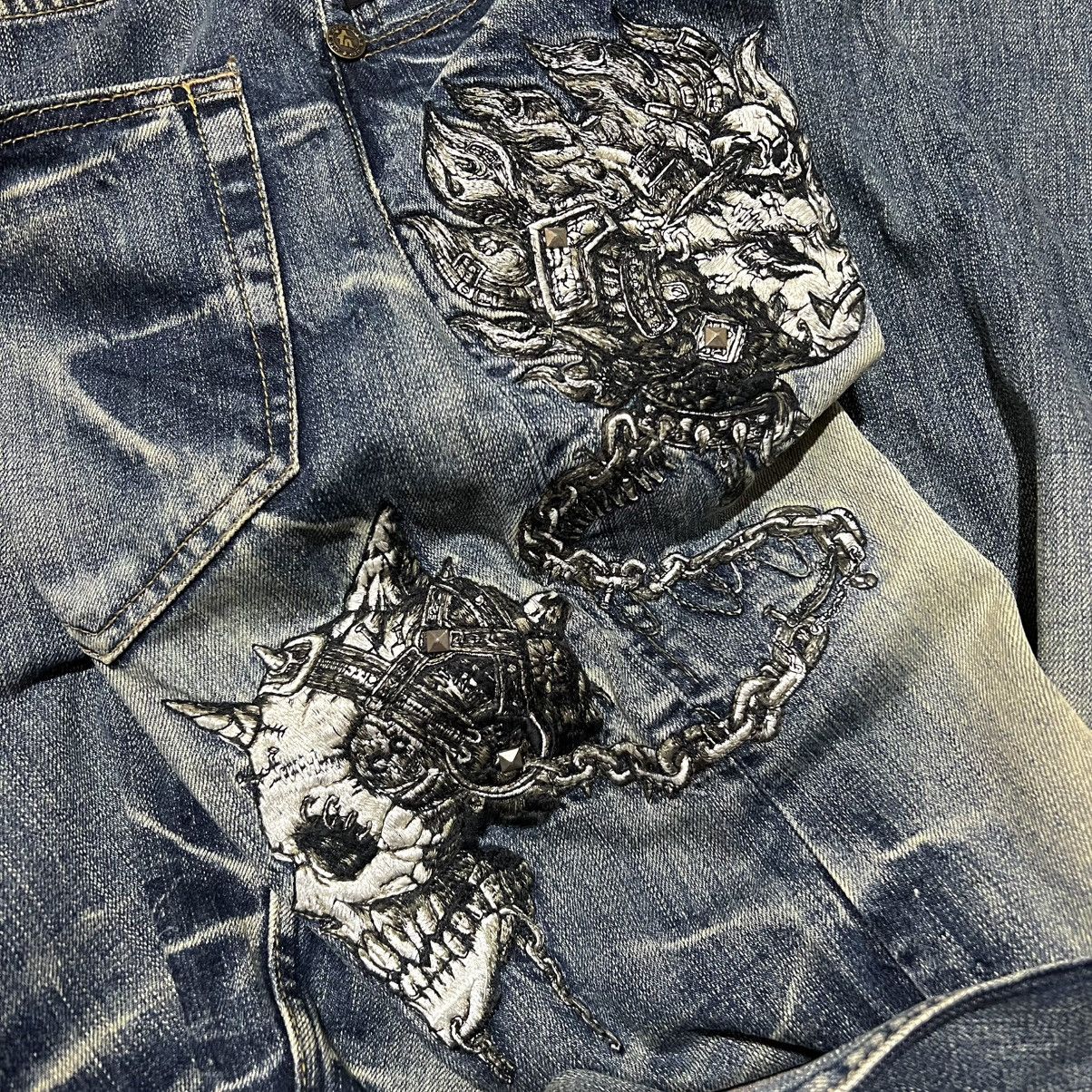 Japanese Brand Nippon Blue Jizo Bosatsu Skull Embroidery Whiskered Jeans Size US 30 / EU 46 - 9 Thumbnail