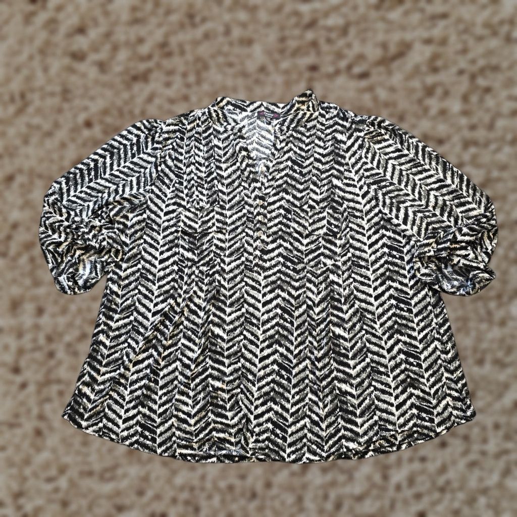 Vintage Cocomo Top Women 3X Black Gray Herringbone 3/4 Sleeve V-Neck Stretch Career Blouse Size XXL / US 16-18 / IT 52-54 - 1 Thumbnail