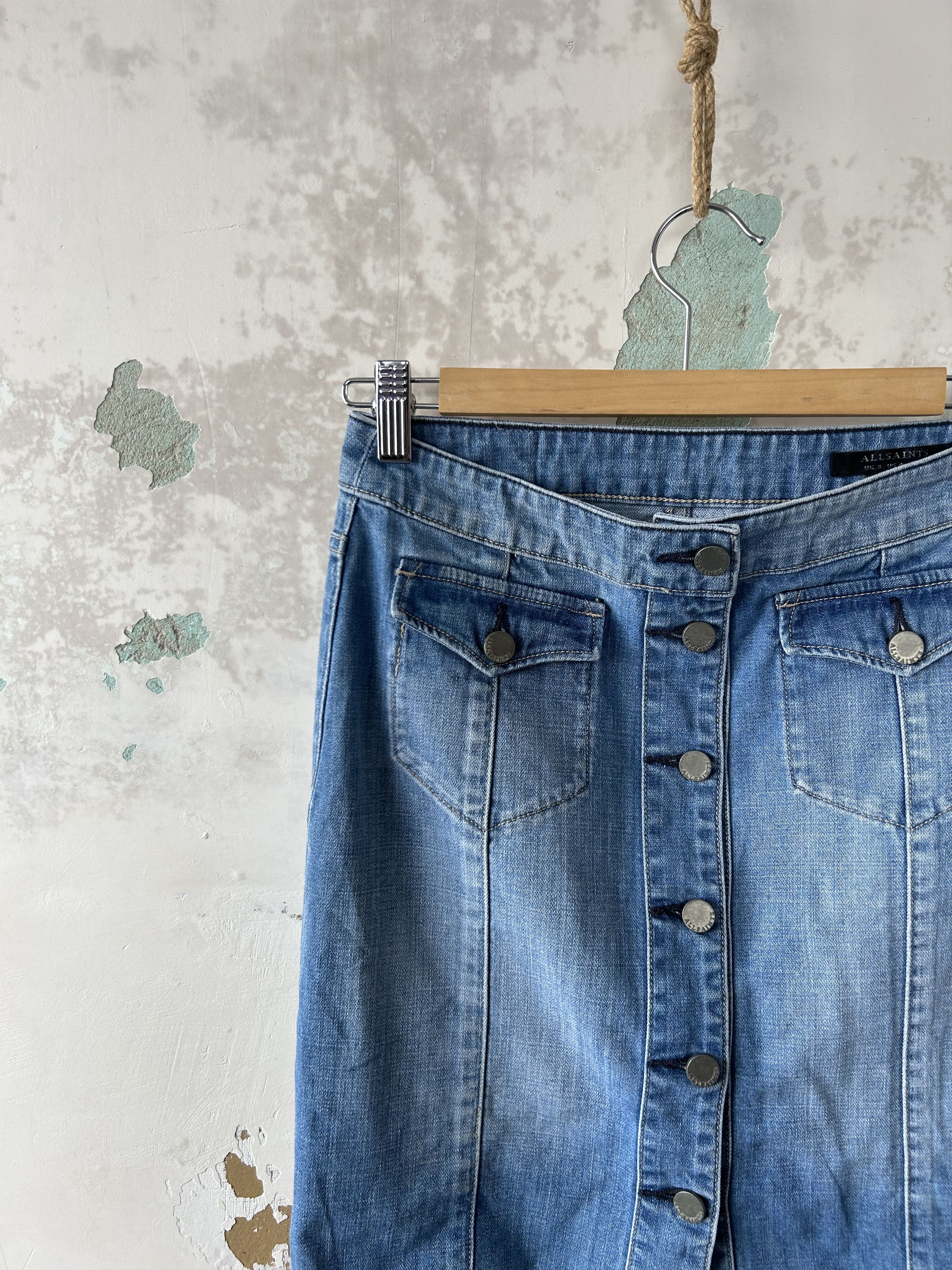 Allsaints × Japanese Brand × Vintage Y2K Vintage All saints Distressed Patchwork Denim Skirt Size 27" / US 4 / IT 40 - 2 Thumbnail