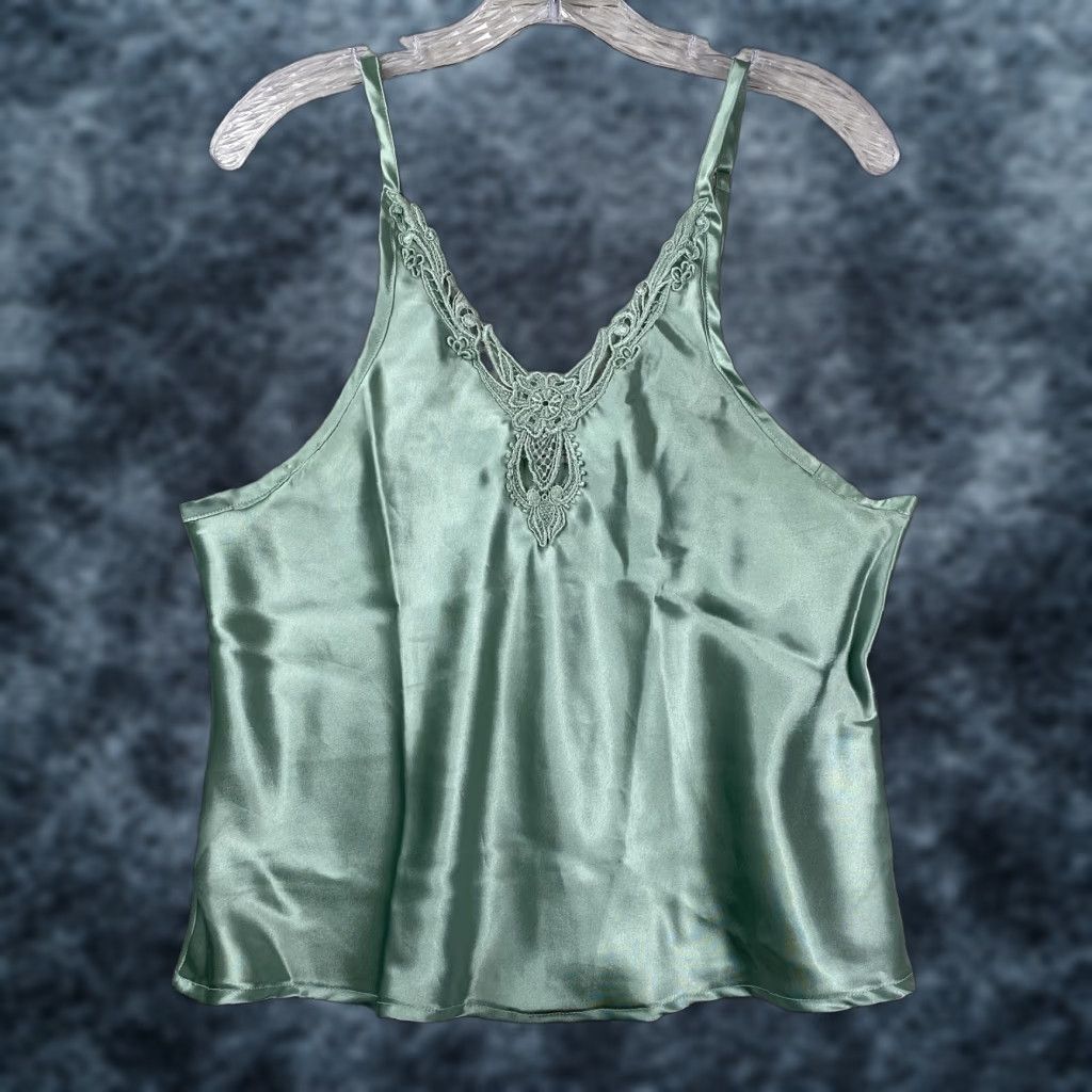 Vintage VTG Kathryn Camisole Shirt Womens M Green Satin Crochet Trim Lingerie V-Neck Adjustable Strap Slips Pajama Top Size ONE SIZE - 1 Thumbnail
