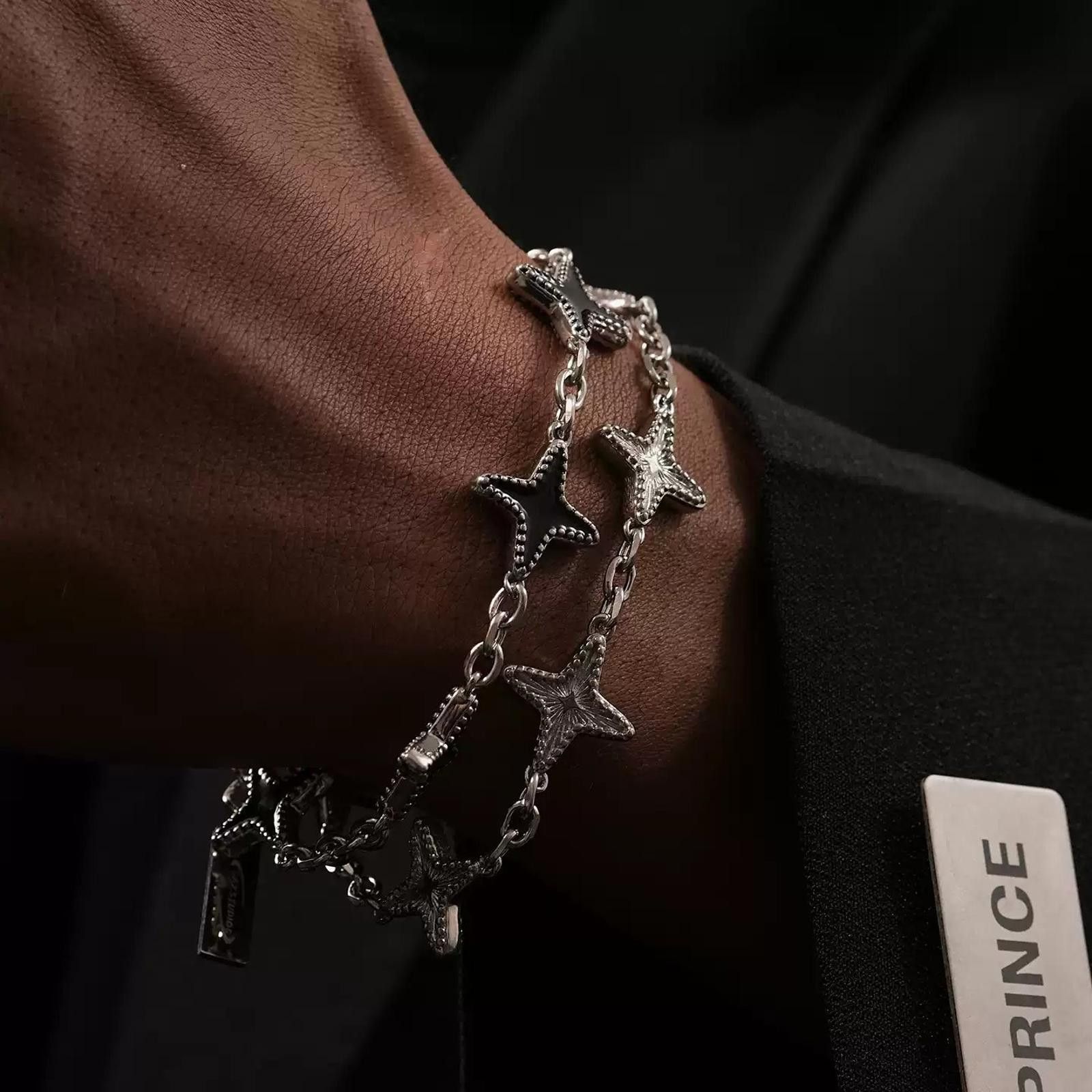 Jewelry Silver and Black Star Link Chain Bracelet, Men's Accessory Size ONE SIZE - 1 Thumbnail