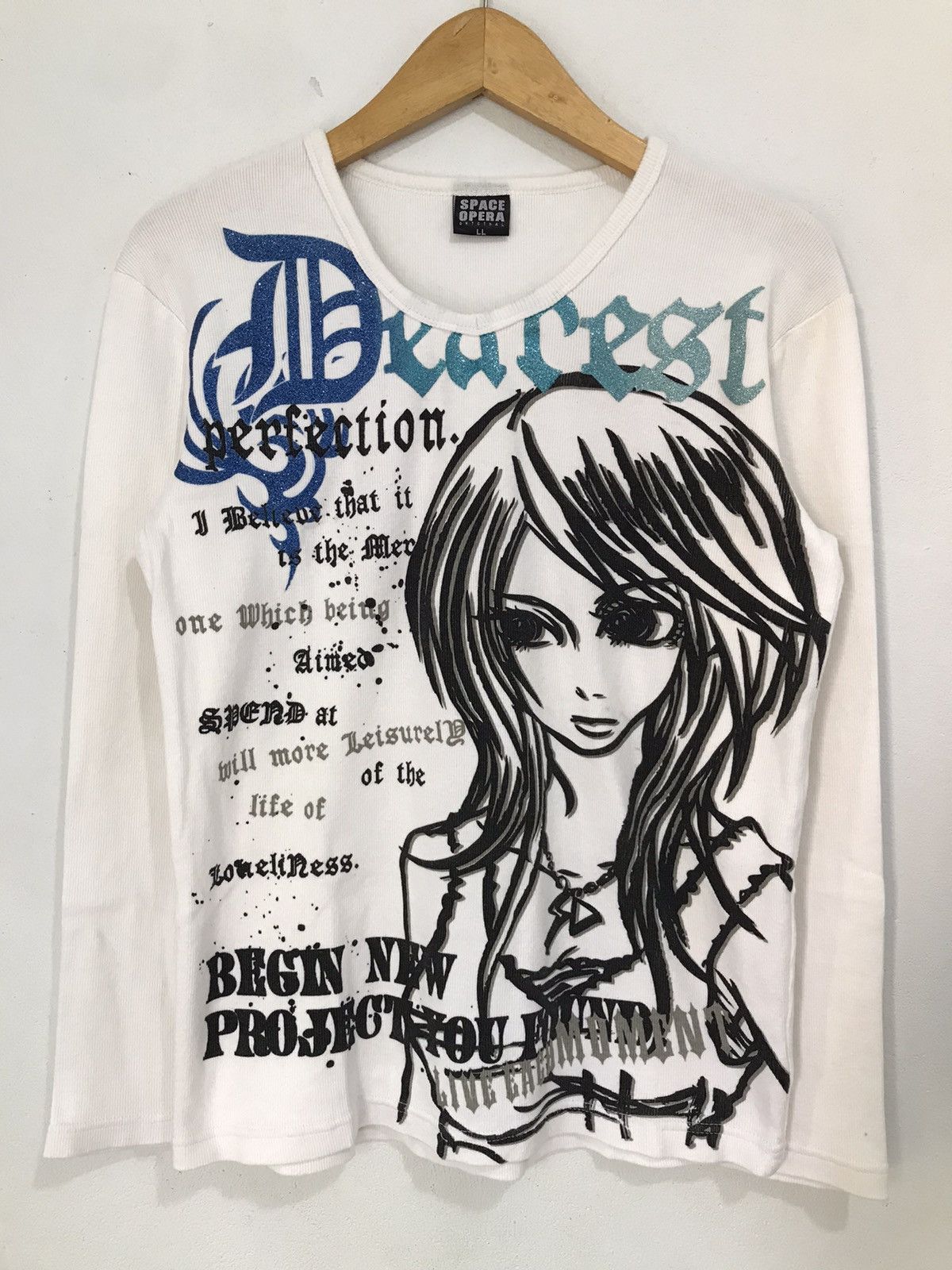 image of 14Th Addiction x Kmrii Japanese Spaceopera Poem Rock Long Sleeve in White, Men's (Size Large)