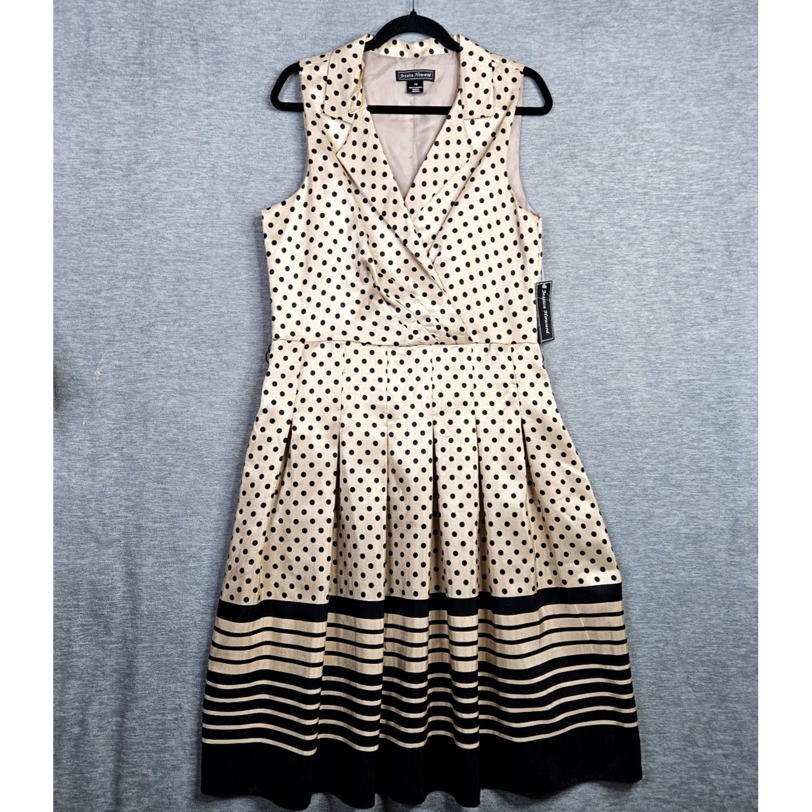 Vintage Jessica Howard Women's Dress Polka Dot Black Striped A-Line Knee Length Sleeveless 16 NEW Size XXL / US 16-18 / IT 52-54 - 2 Thumbnail