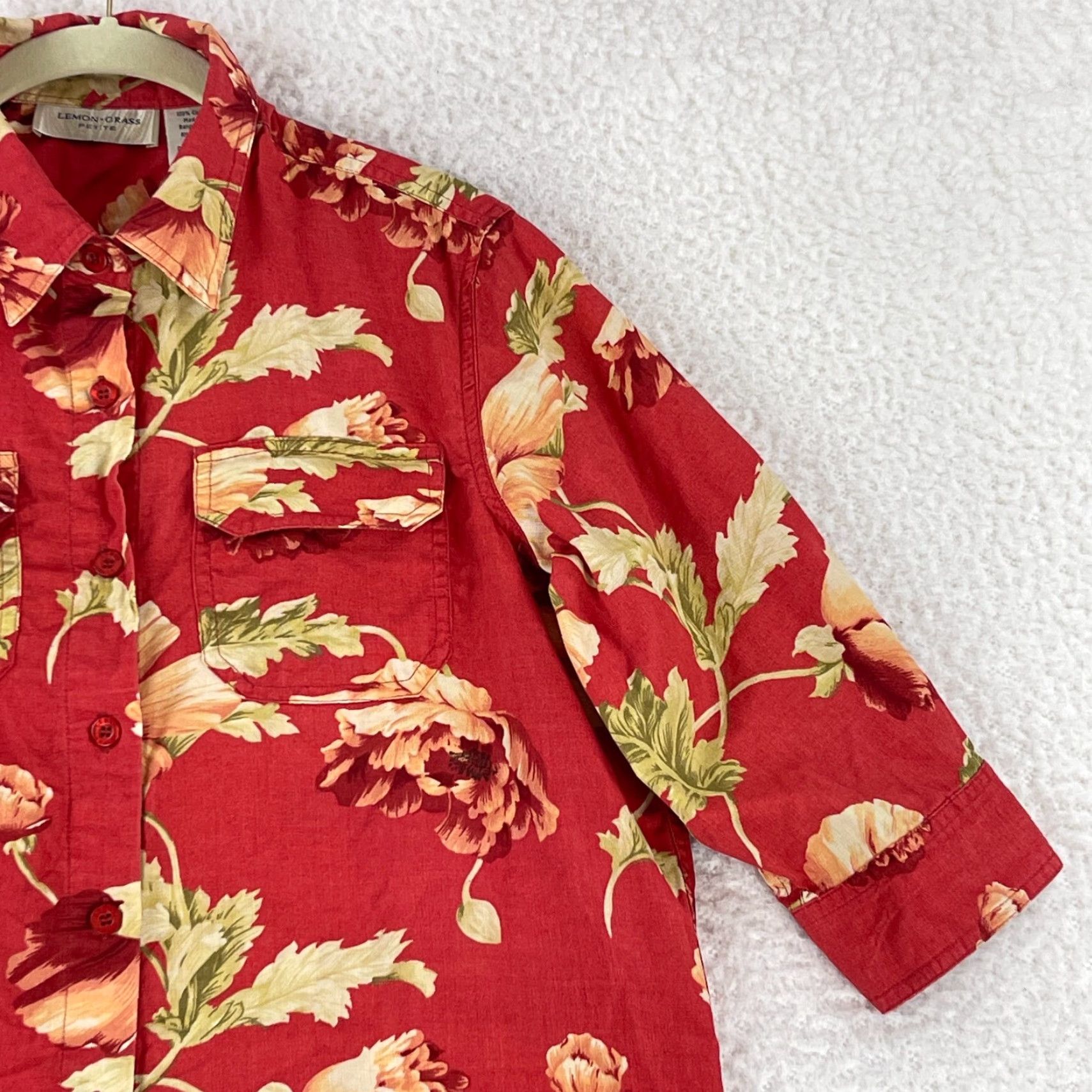 Vintage Lemon Grass Petite Red Floral Button-Up Shirt Womens 3/4 Sleeve Cotton PM Size M / US 6-8 / IT 42-44 - 4 Thumbnail