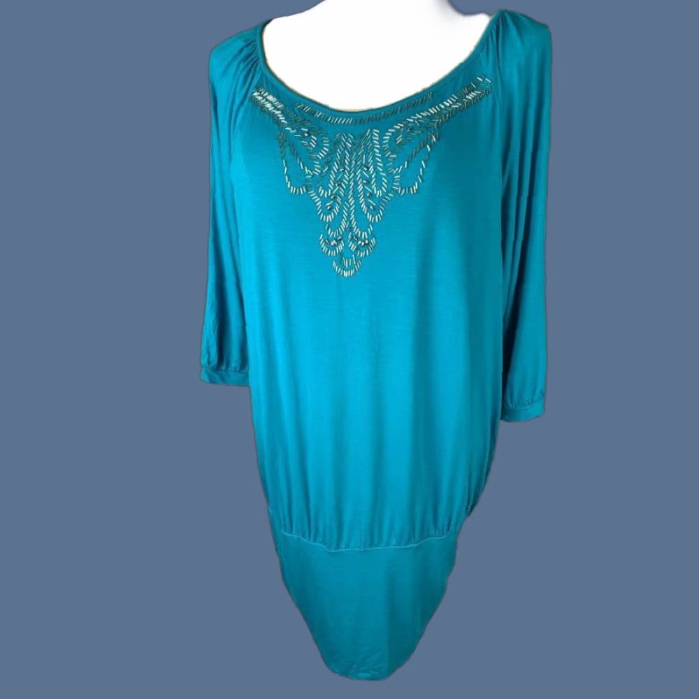 Vintage Lane Bryant Blouson Jersey Knit Top 18/20 3/4 Sleeve Beaded Neckline Teal Blue Women PLUS Womens Size XXL / US 16-18 / IT 52-54 - 1 Thumbnail