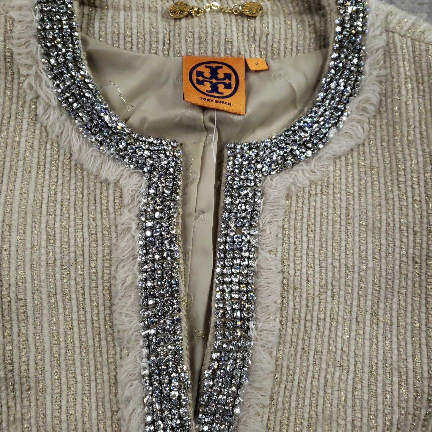 Tory Burch Tory Burch Jacket Womens 2 Beige Tweed Rhinestone Embellished Open Front Size XS / US 0-2 / IT 36-38 - 6 Thumbnail