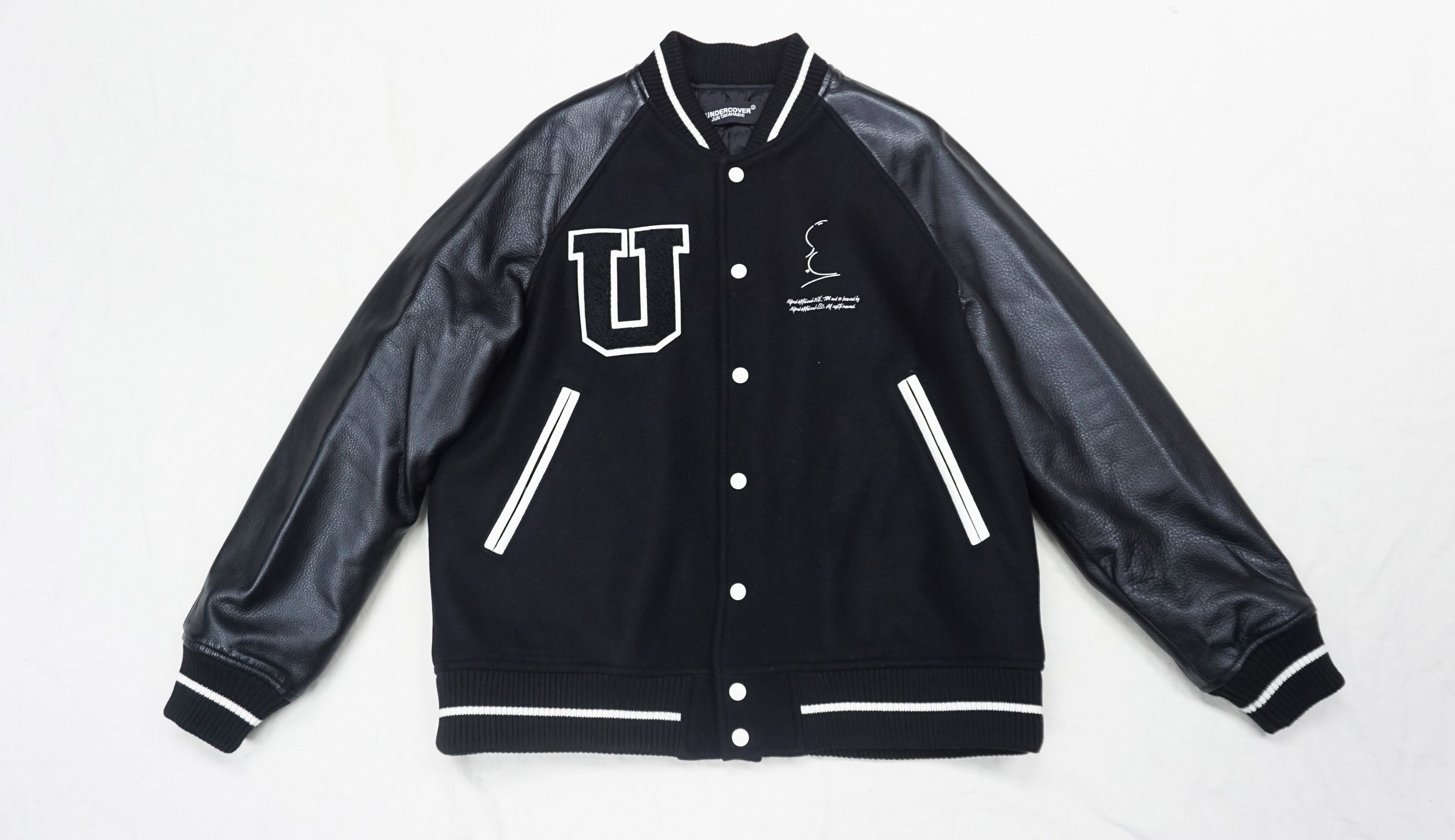 image of Undercover X Alfred Hitchcock Leather Varsity Jacket in Black, Men's (Size Medium)