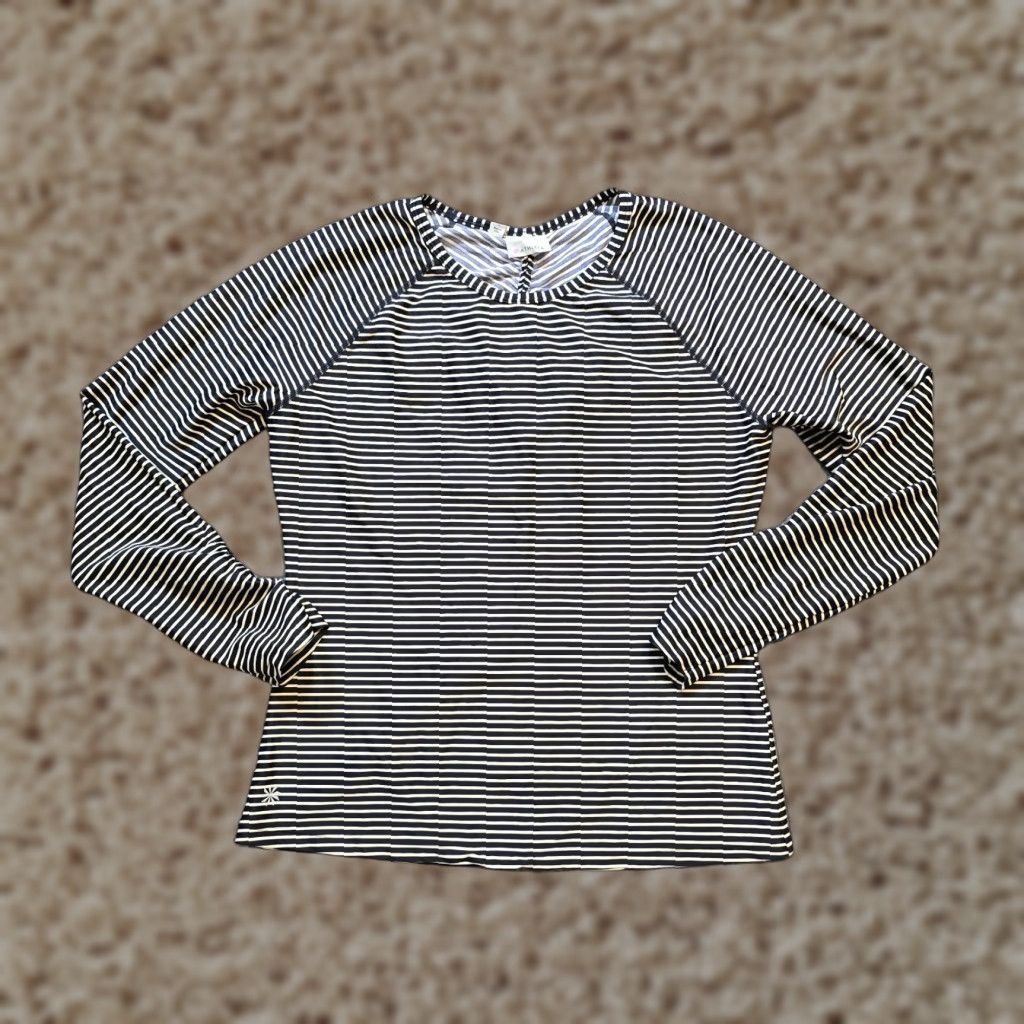 Athleta Athleta Top Womens L Black White Striped Nylon Stretch Performance Workout Blouse Knit Ruched Size L / US 10 / IT 46 - 1 Thumbnail