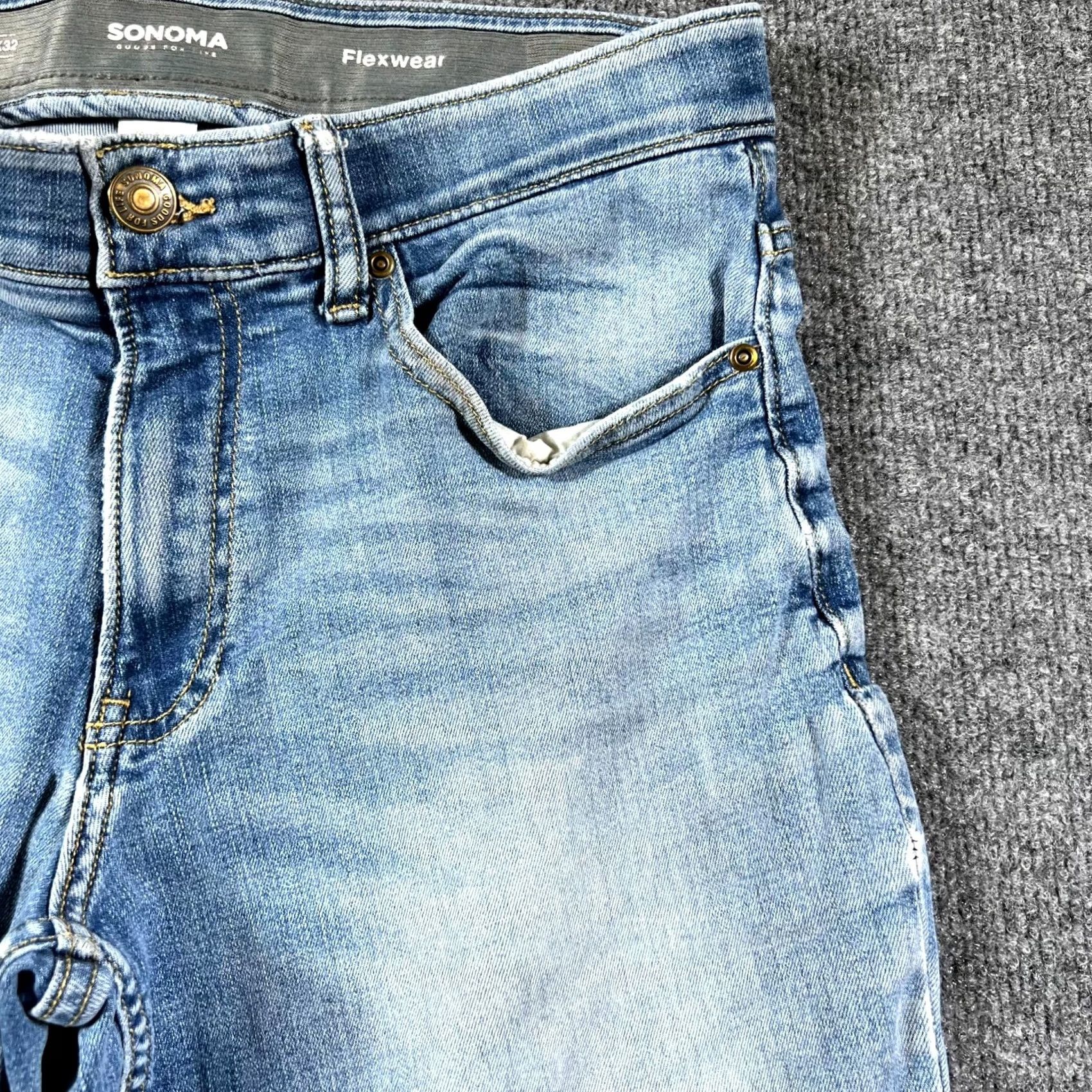 Denime Sonoma Jeans Mens 30x32 Blue Denim Distressed 5-Pocket Straight Flexwear Outdoor Jacket? Size US 30 / EU 46 - 3 Thumbnail
