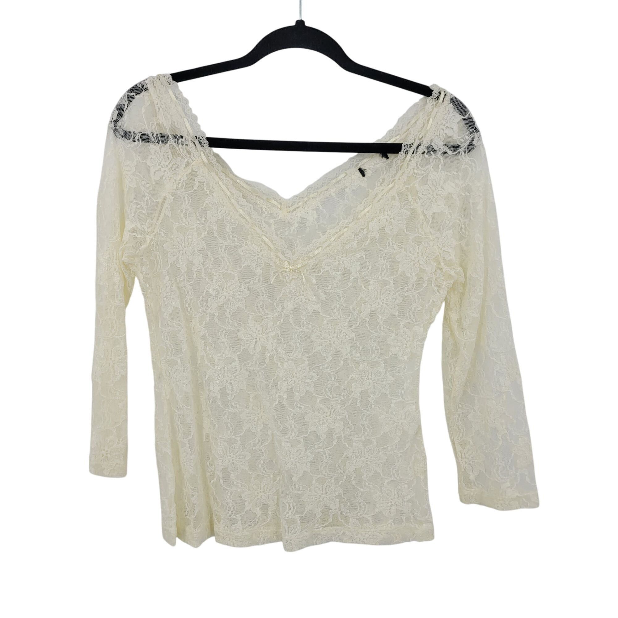 Vintage Vtg 80s Vanilla Floral Lace V-Neck Top Ribbon Trim Sheer Str Size S / US 4 / IT 40 - 1 Thumbnail