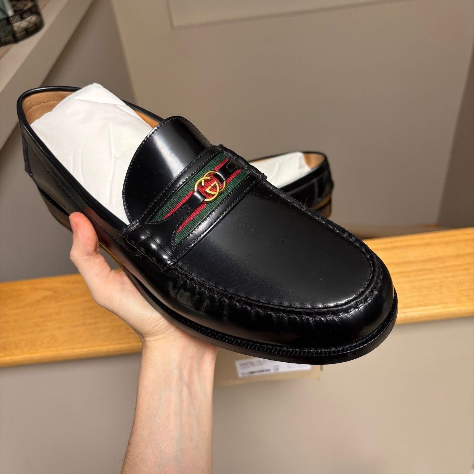 Gucci Gucci Black Leather Web Interlock Loafers - MSRP: $1000 Size US 13 / EU 46 - 3 Thumbnail