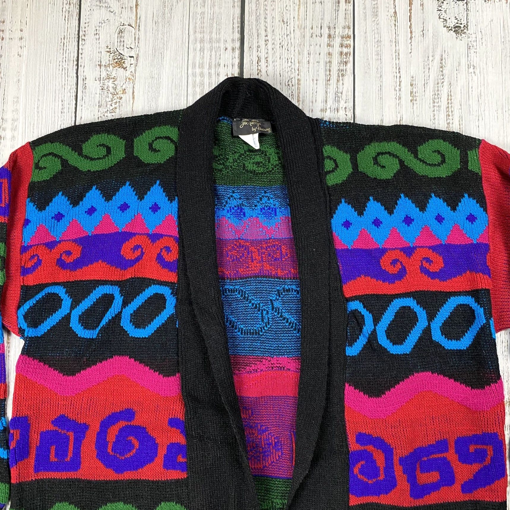 Vintage VINTAGE Jacquelyn by Browne Cardigan Open Front Geometric Abstract Black Red Purple Women One Size Regular Knit Falls Spring Winter Females Size ONE SIZE - 2 Thumbnail