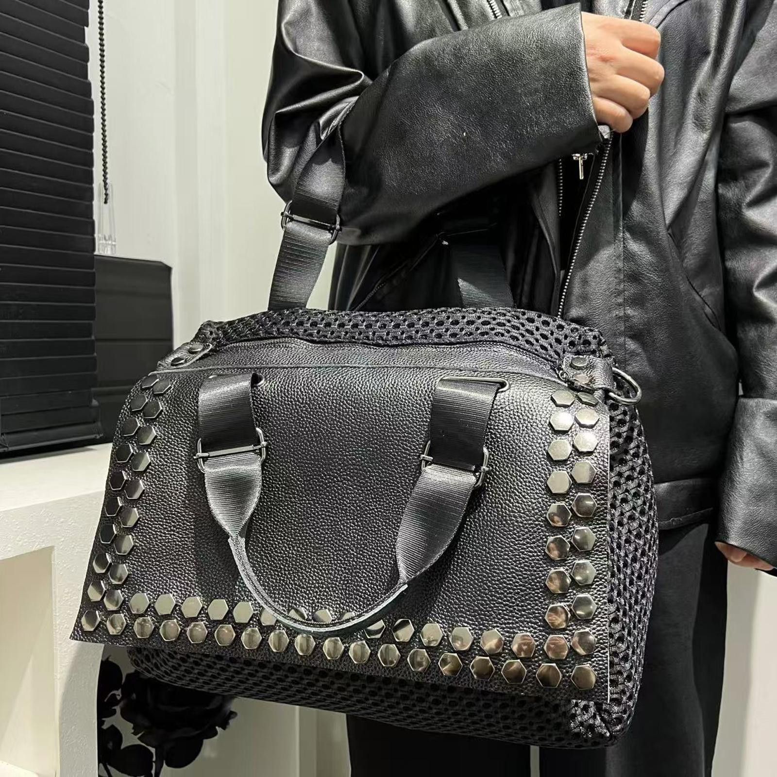 Vintage Black Studded Textured Handbag, Leather Accent Tote Size ONE SIZE - 5 Thumbnail