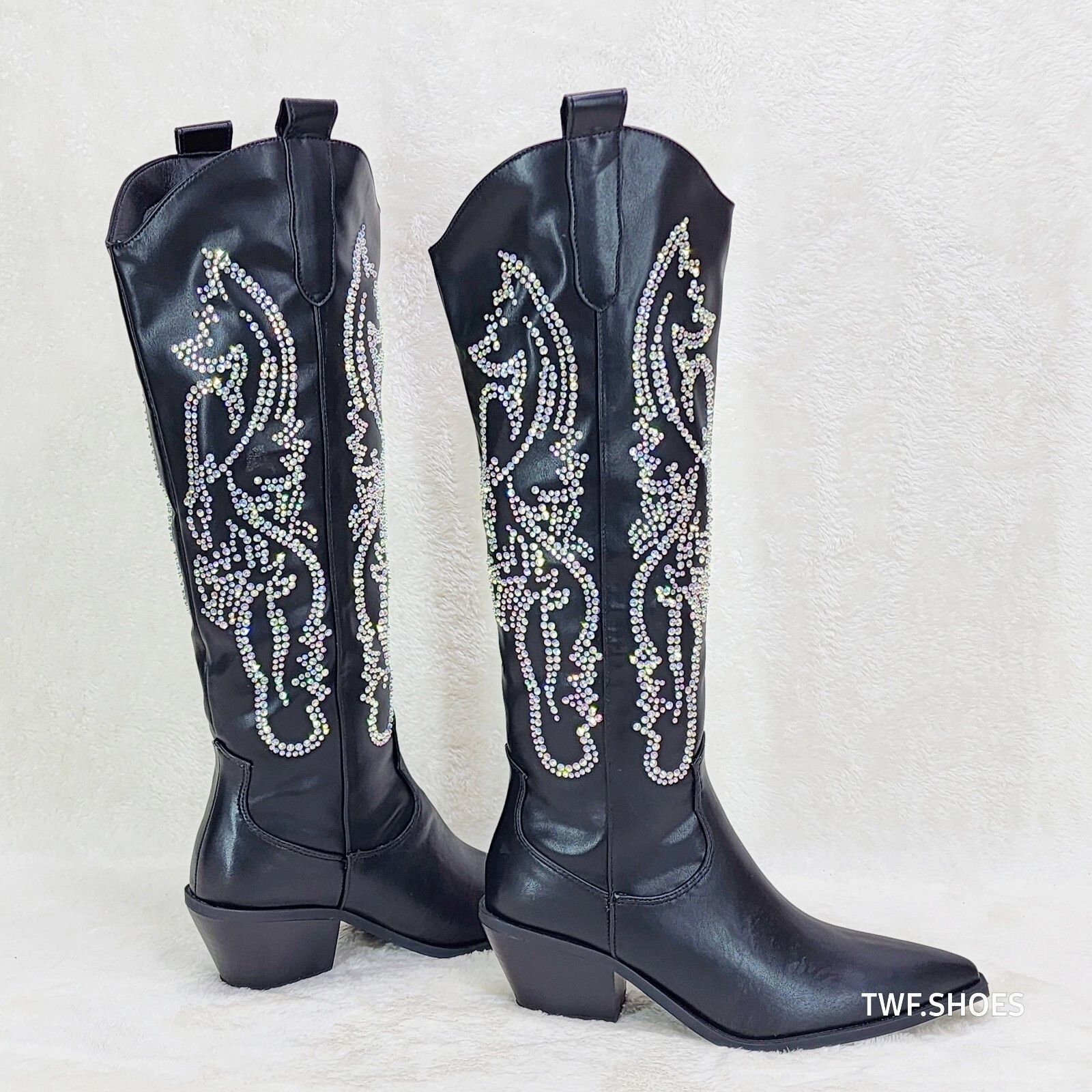 Other Razzle Black Country Western Cowgirl Knee Boots Rhinestone D Size US 6.5 / IT 36.5 - 2 Thumbnail