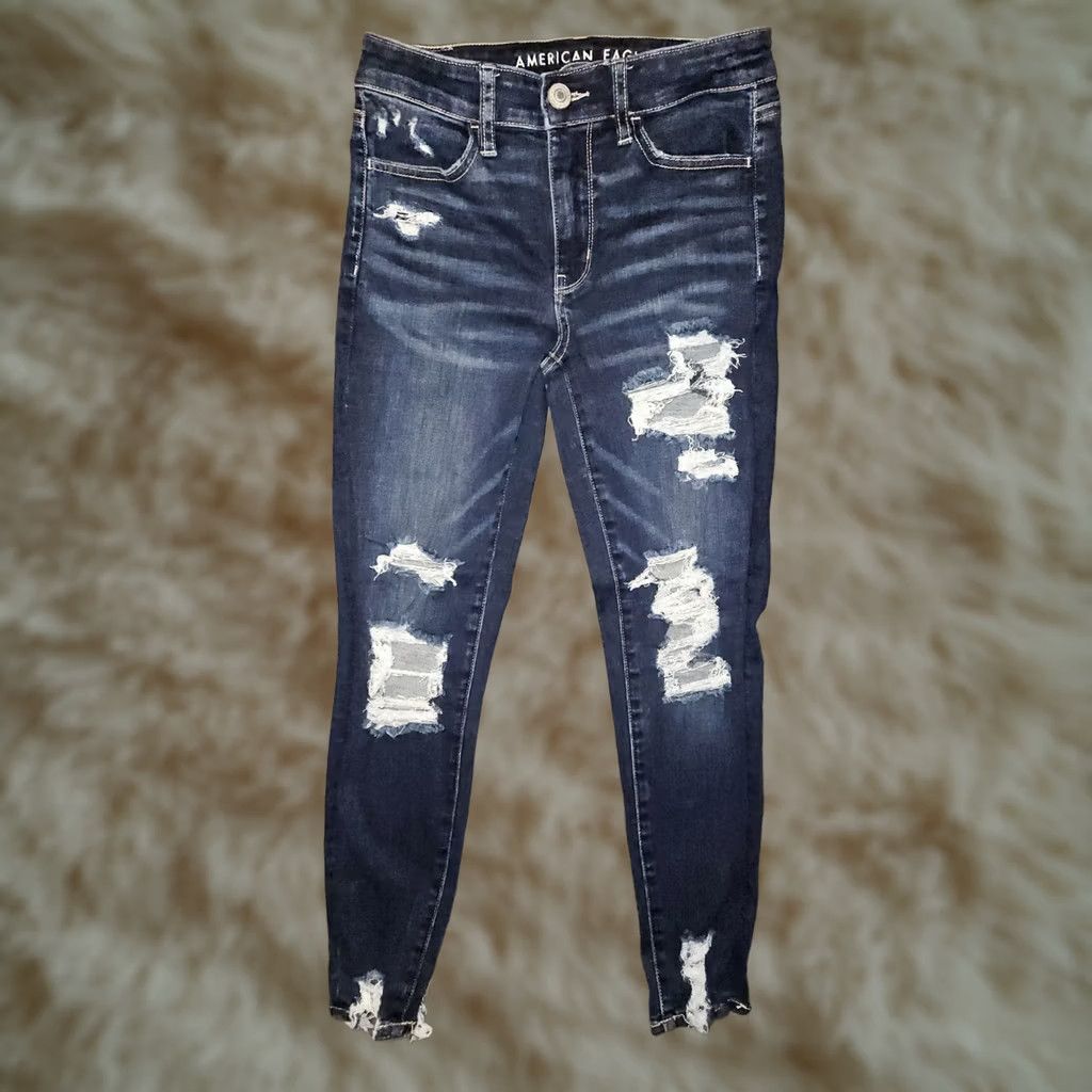 American Eagle Outfitters VINTAGE American Eagle Outfitters Hi Rise Jeggings Crop Women's 4 Blue Stretch Distressed Preppy Size 27" / US 4 / IT 40 - 1 Thumbnail