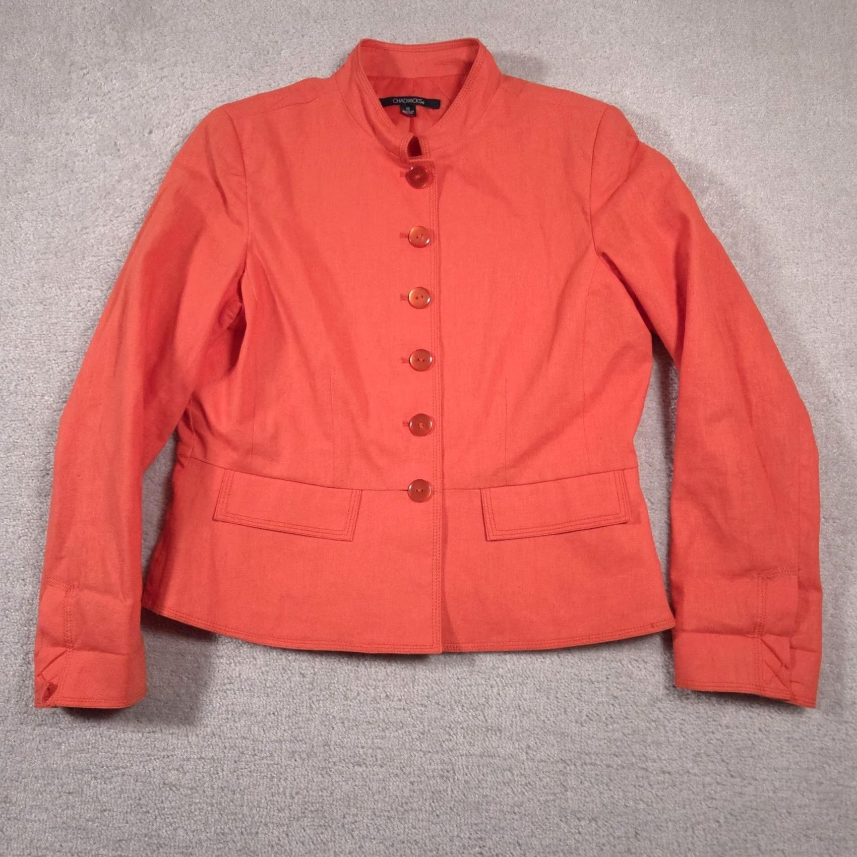 Vintage Chadwicks Jacket Women's 12 Orange Linen Cotton Stand Collar Button Front Pockets Size XL / US 12-14 / IT 48-50 - 2 Thumbnail