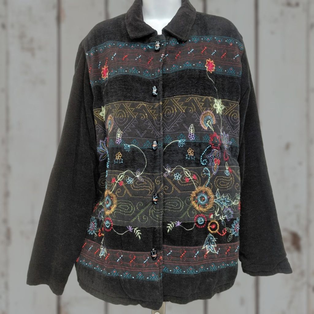 Vintage White Stag Floral Embroidered Jacket Women's L Black Beaded Tapestry 90s Bohemian Size L / US 10 / IT 46 - 1 Thumbnail